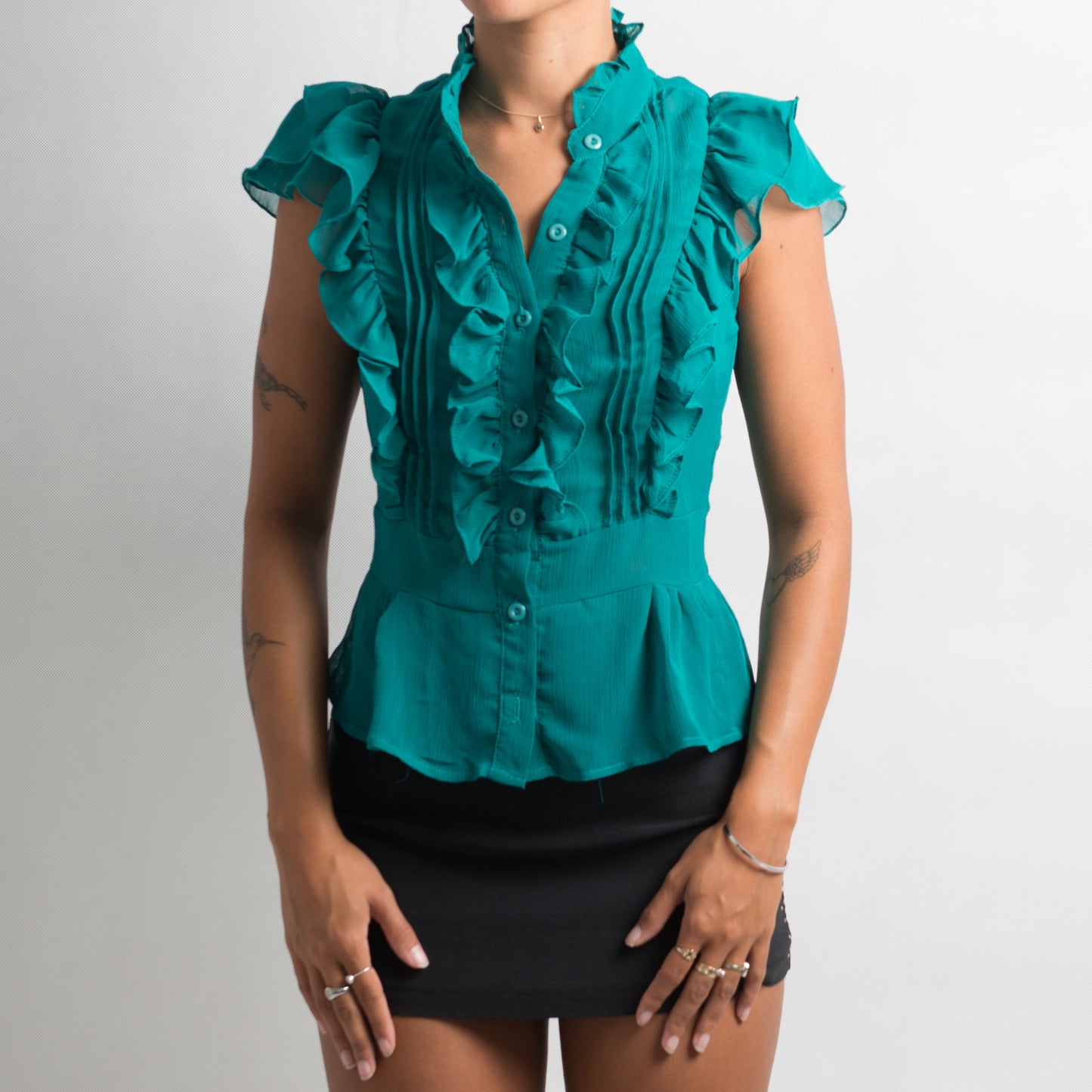 TEAL RUFFLE SHORT SLEEVE BLOUSE