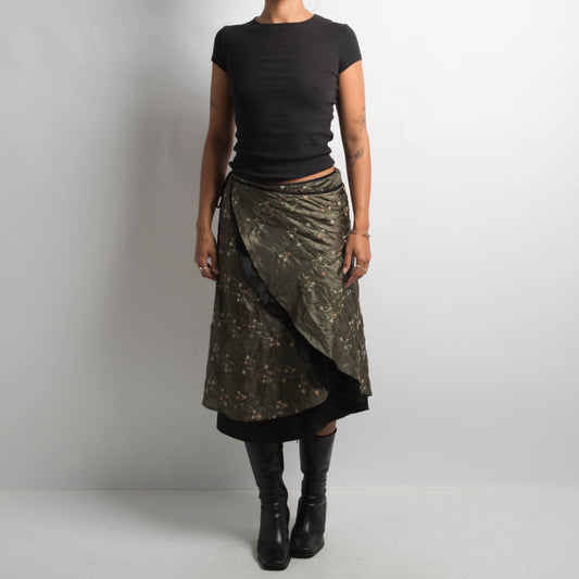 GREEN SATIN WRAP MIDI SKIRT