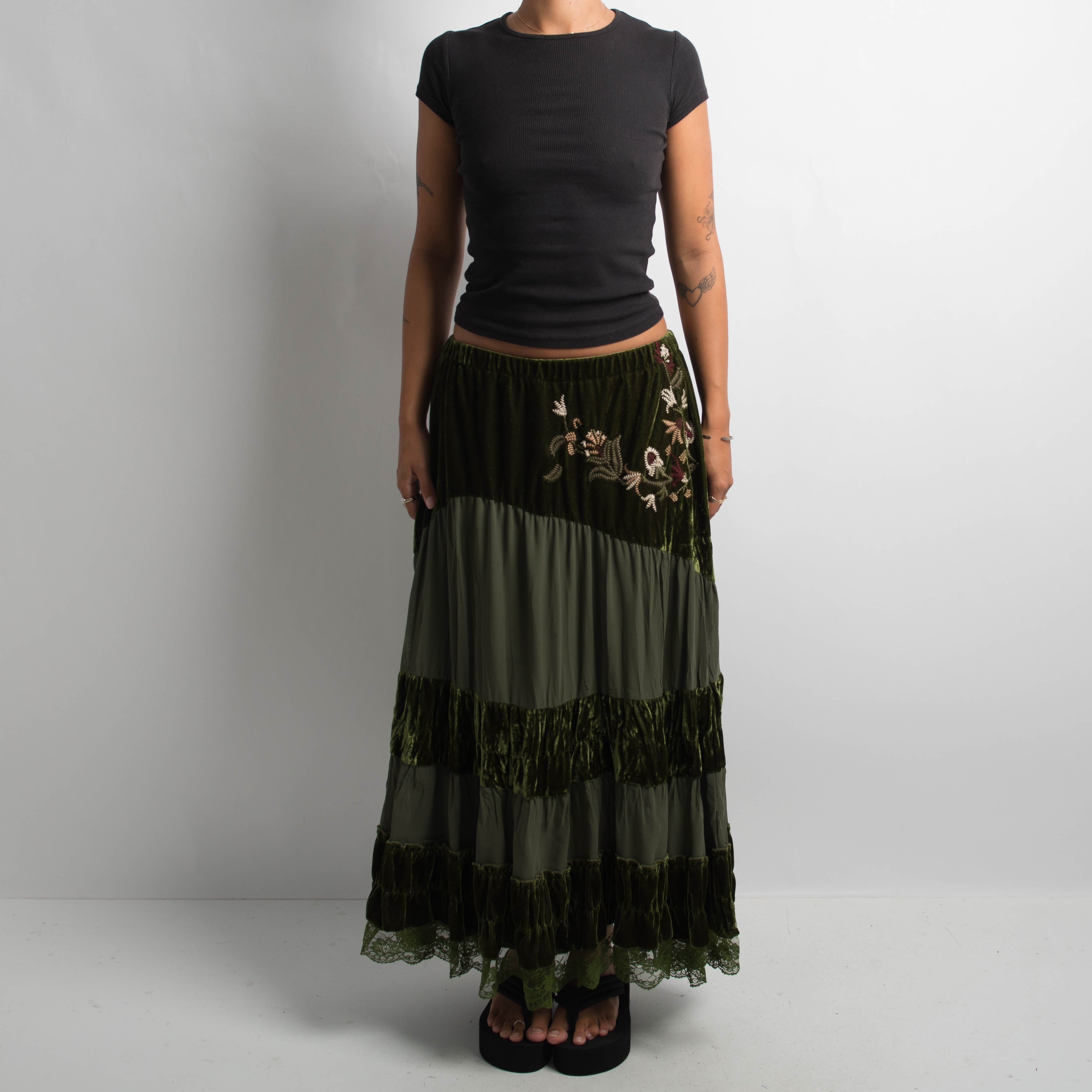 GREEN TIERED MAXI SKIRT
