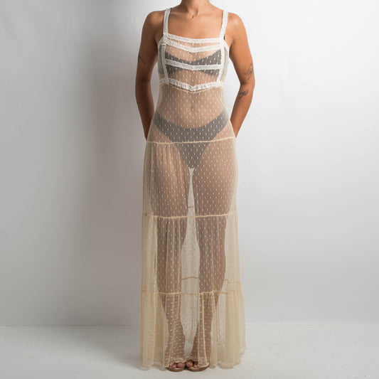 BEIGE SHEER MESH MAXI DRESS