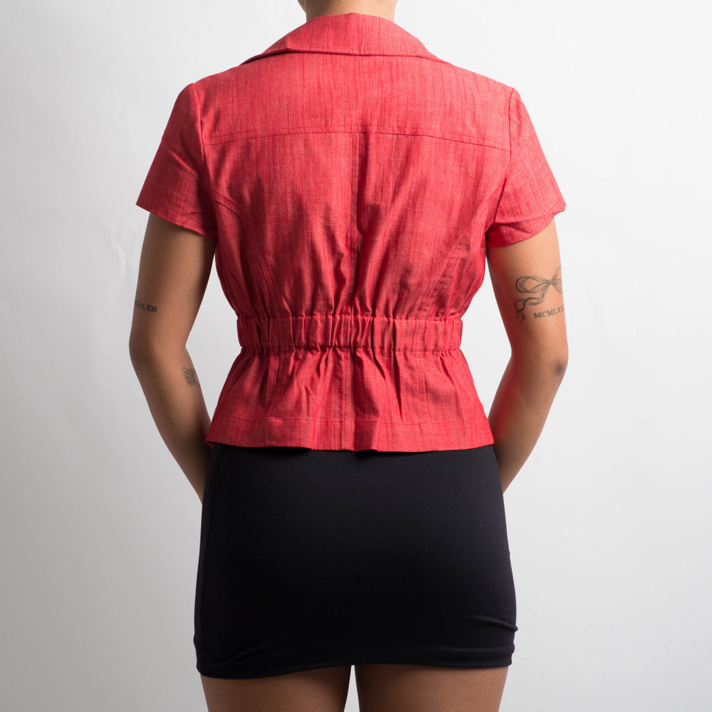 RED DENIM TIE FRONT TOP