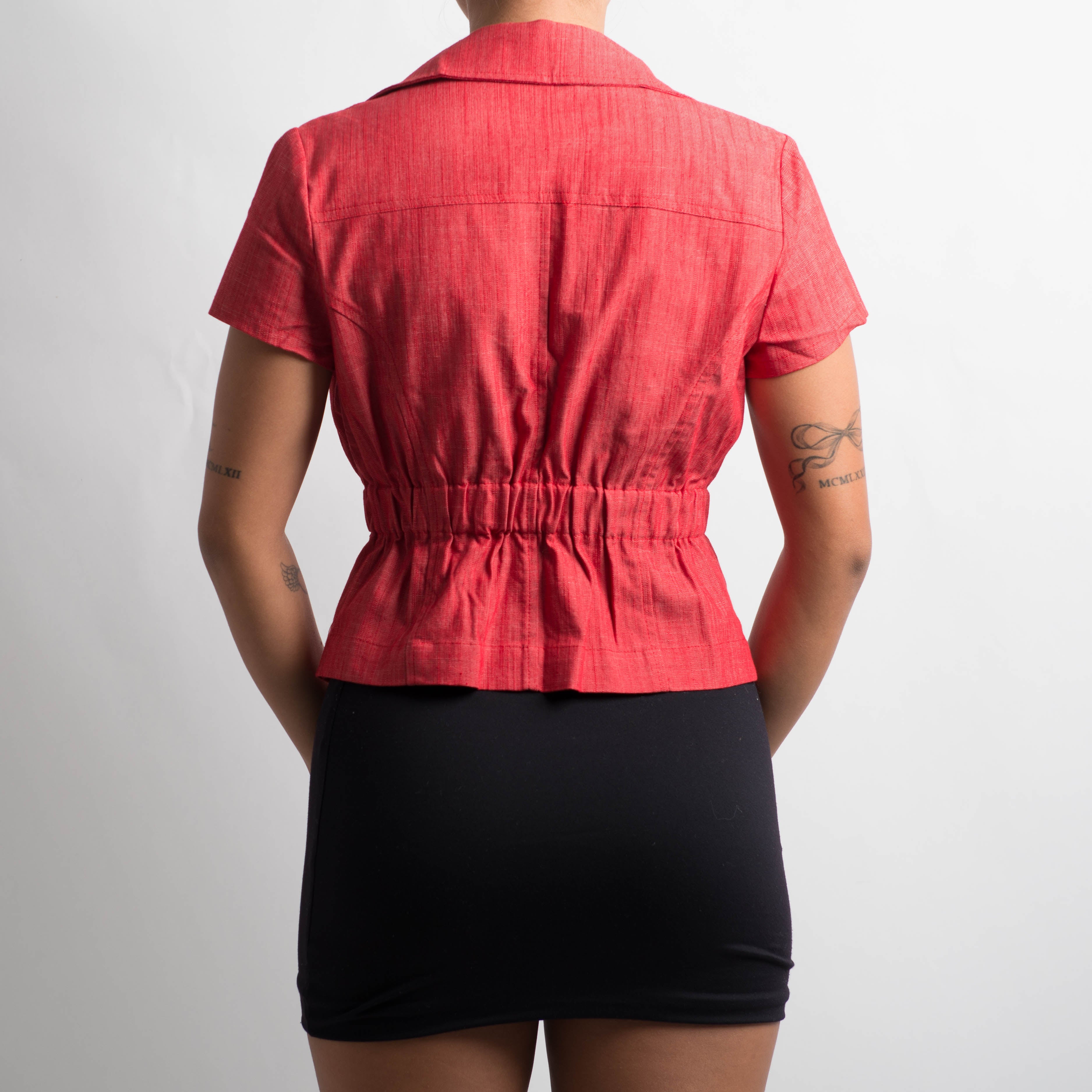 RED DENIM TIE FRONT TOP