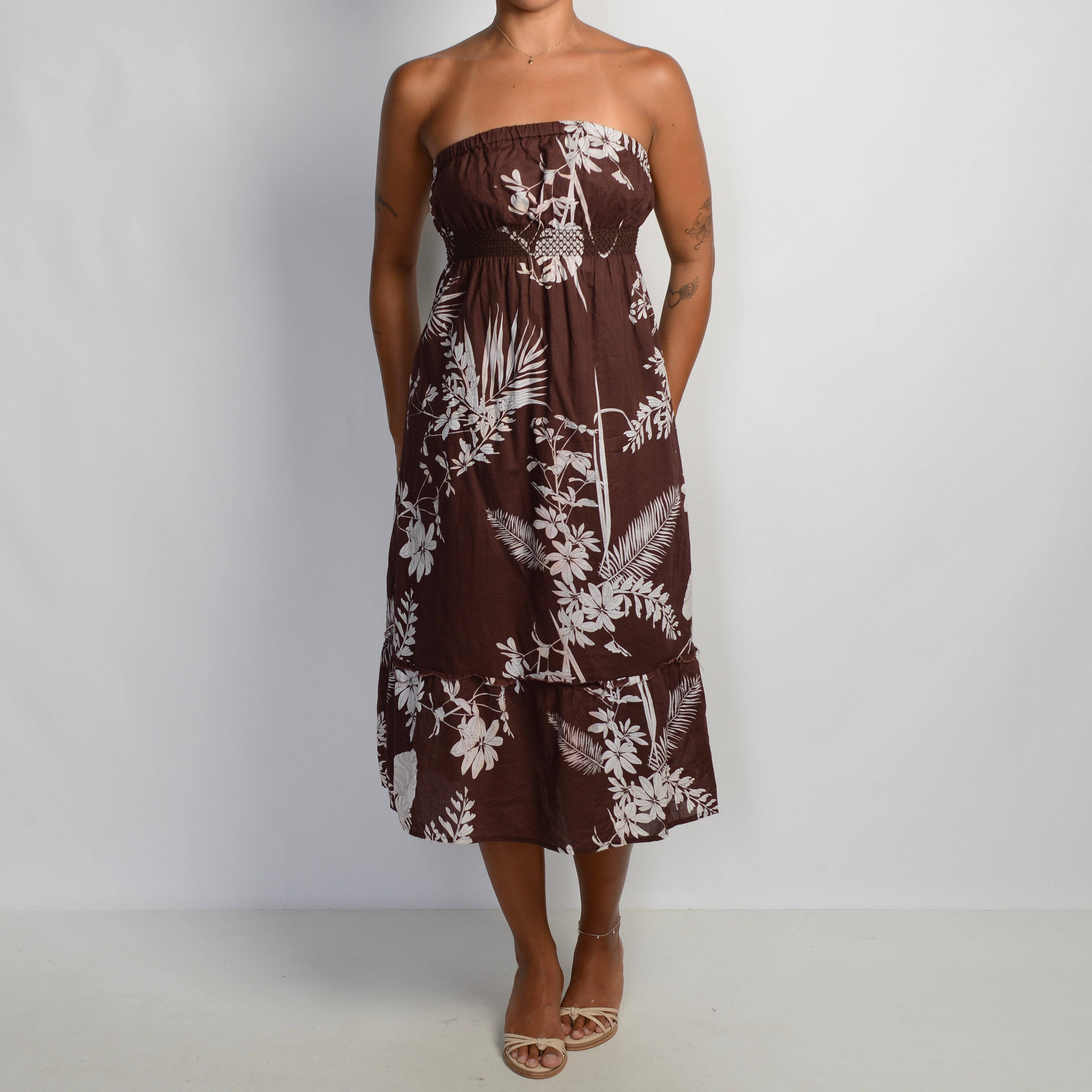 BROWN FLORAL MIDI DRESS