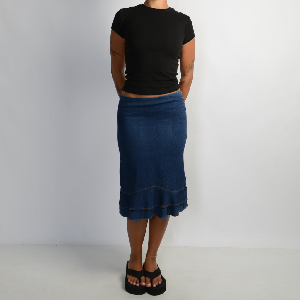 DENIM RUFFLE MIDI SKIRT