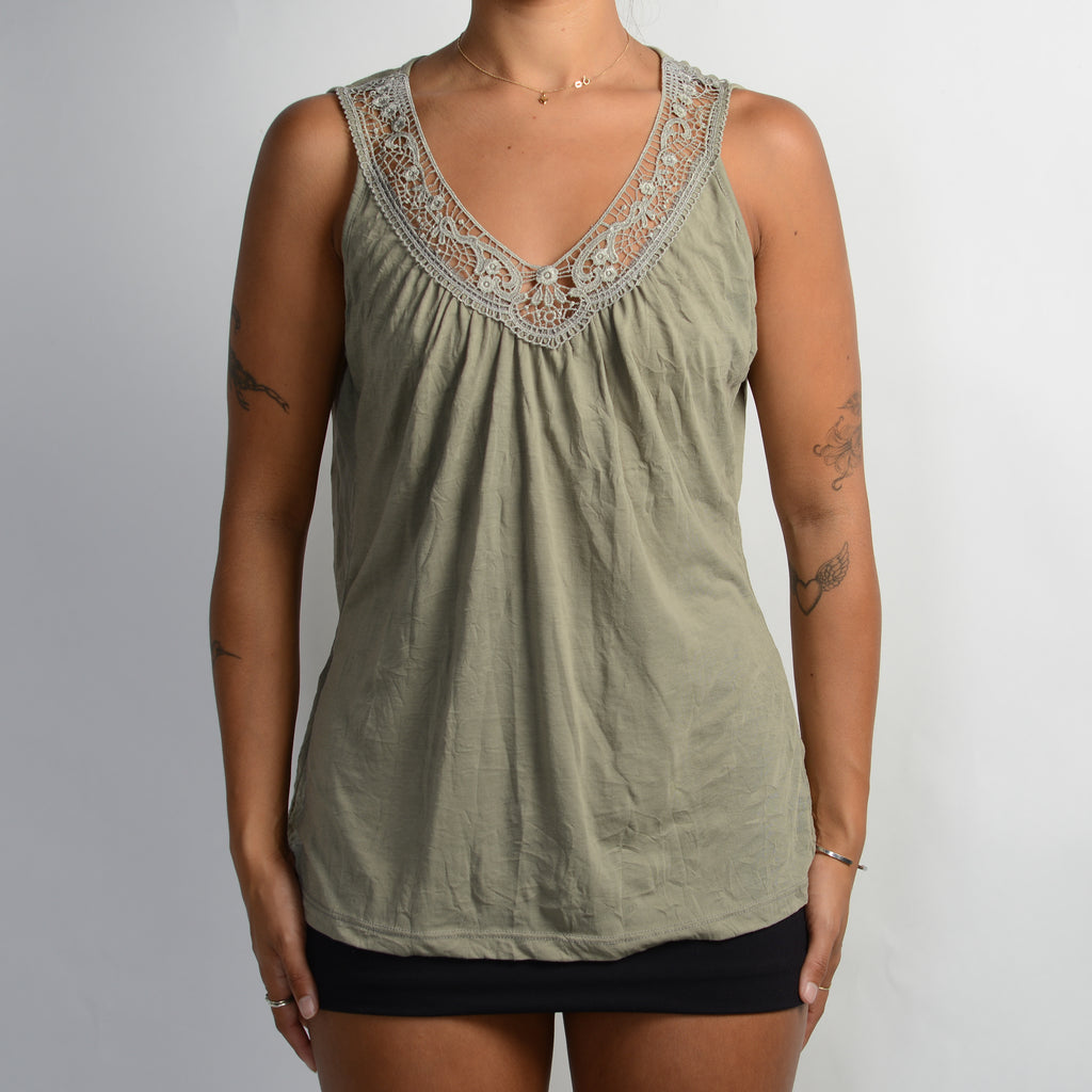 KHAKI LACE TRIM TOP