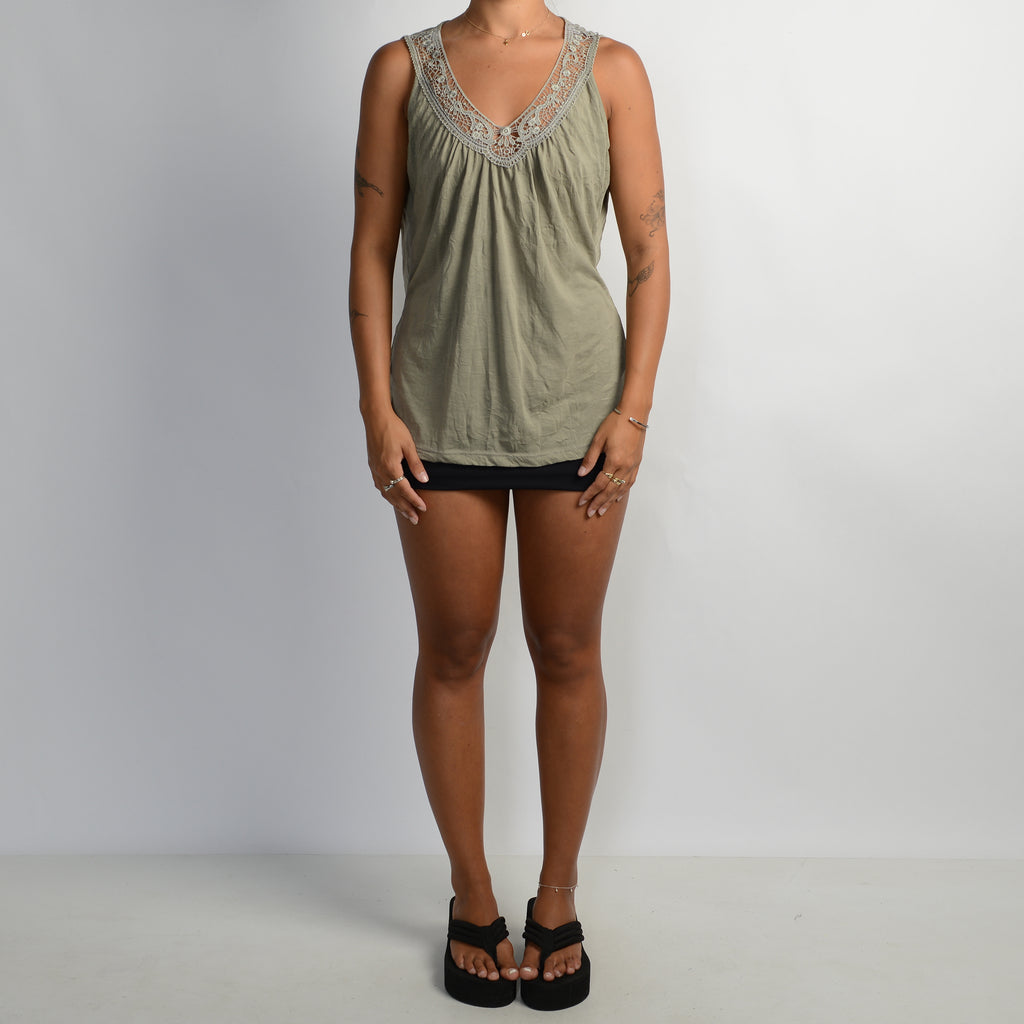 KHAKI LACE TRIM TOP