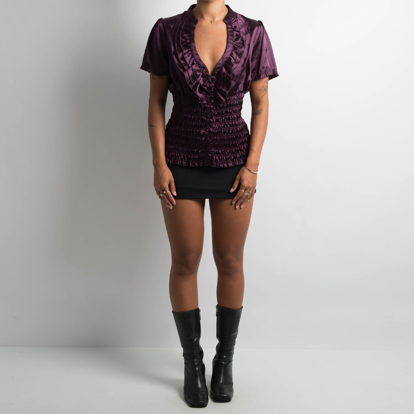 PURPLE SATIN SHORT SLEEVE BLOUSE