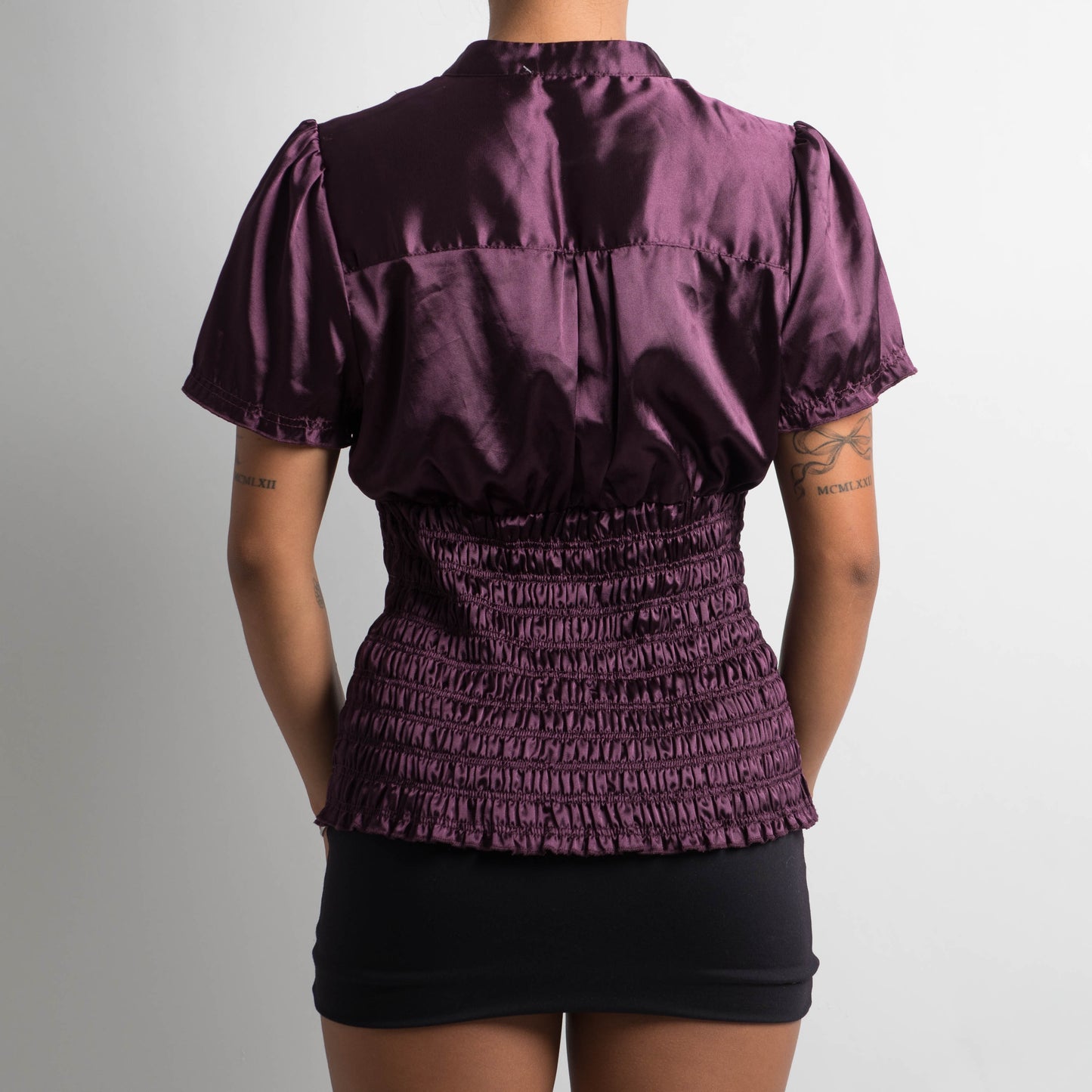 PURPLE SATIN SHORT SLEEVE BLOUSE