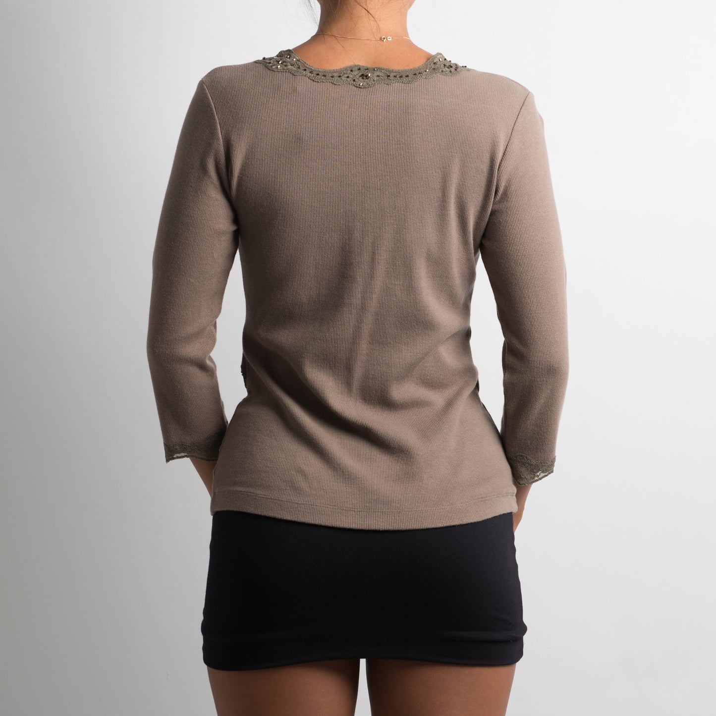 BROWN LACE TRIM LONG SLEEVE