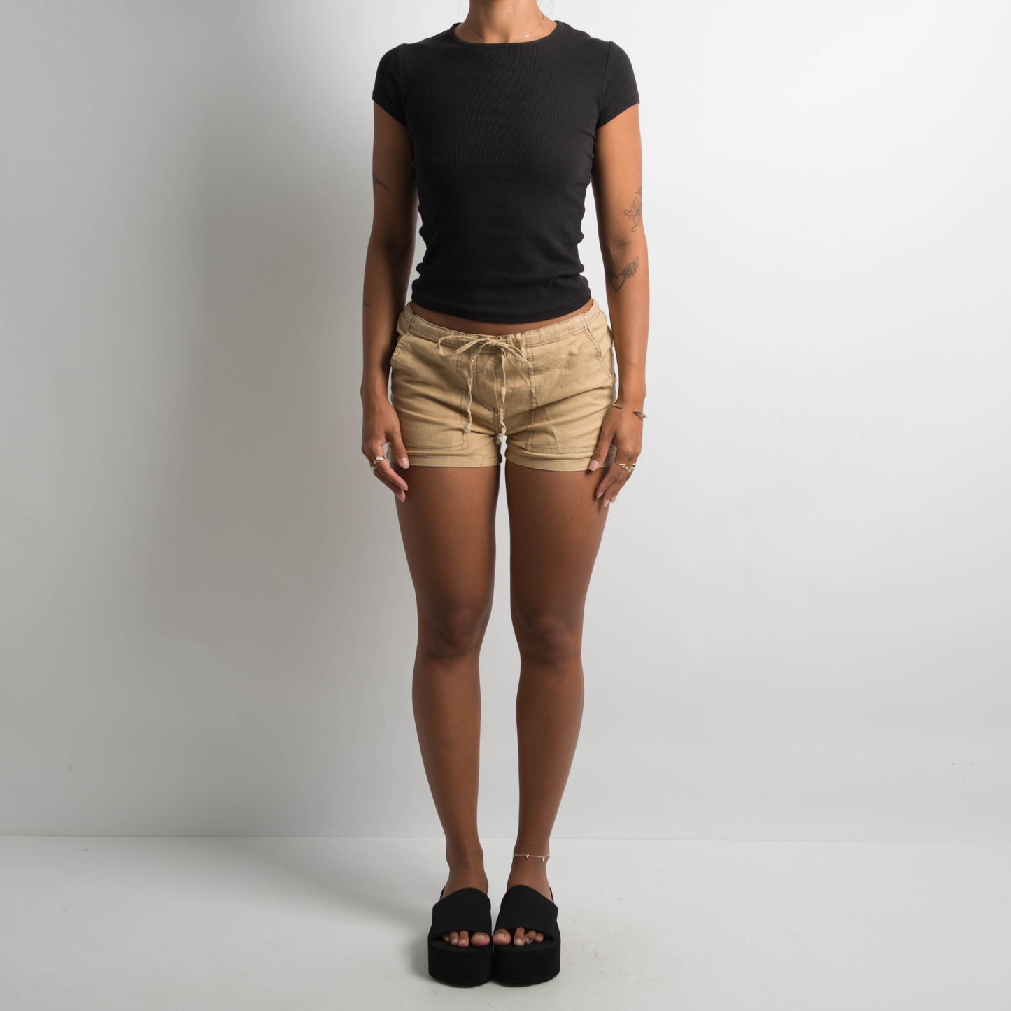 TAN LINEN MINI SHORTS