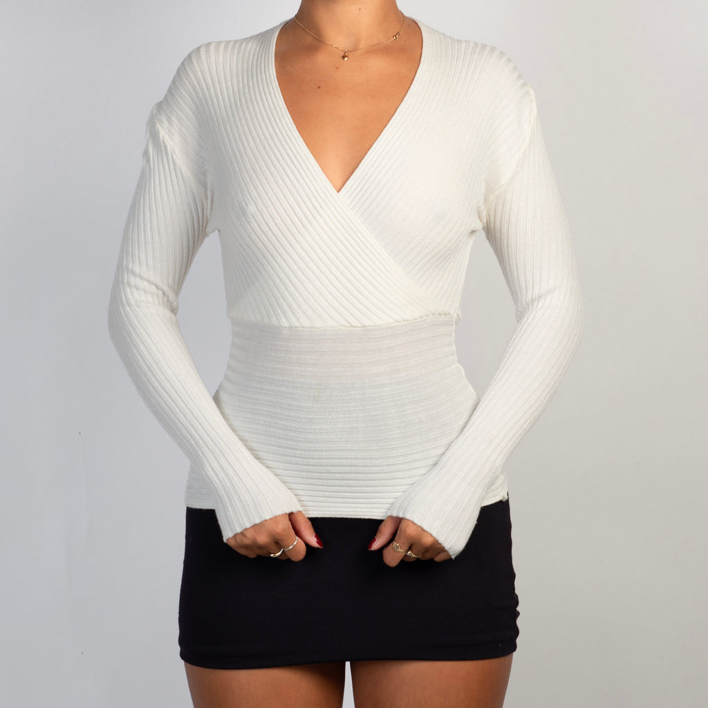 WHITE RIB LONG SLEEVE TOP