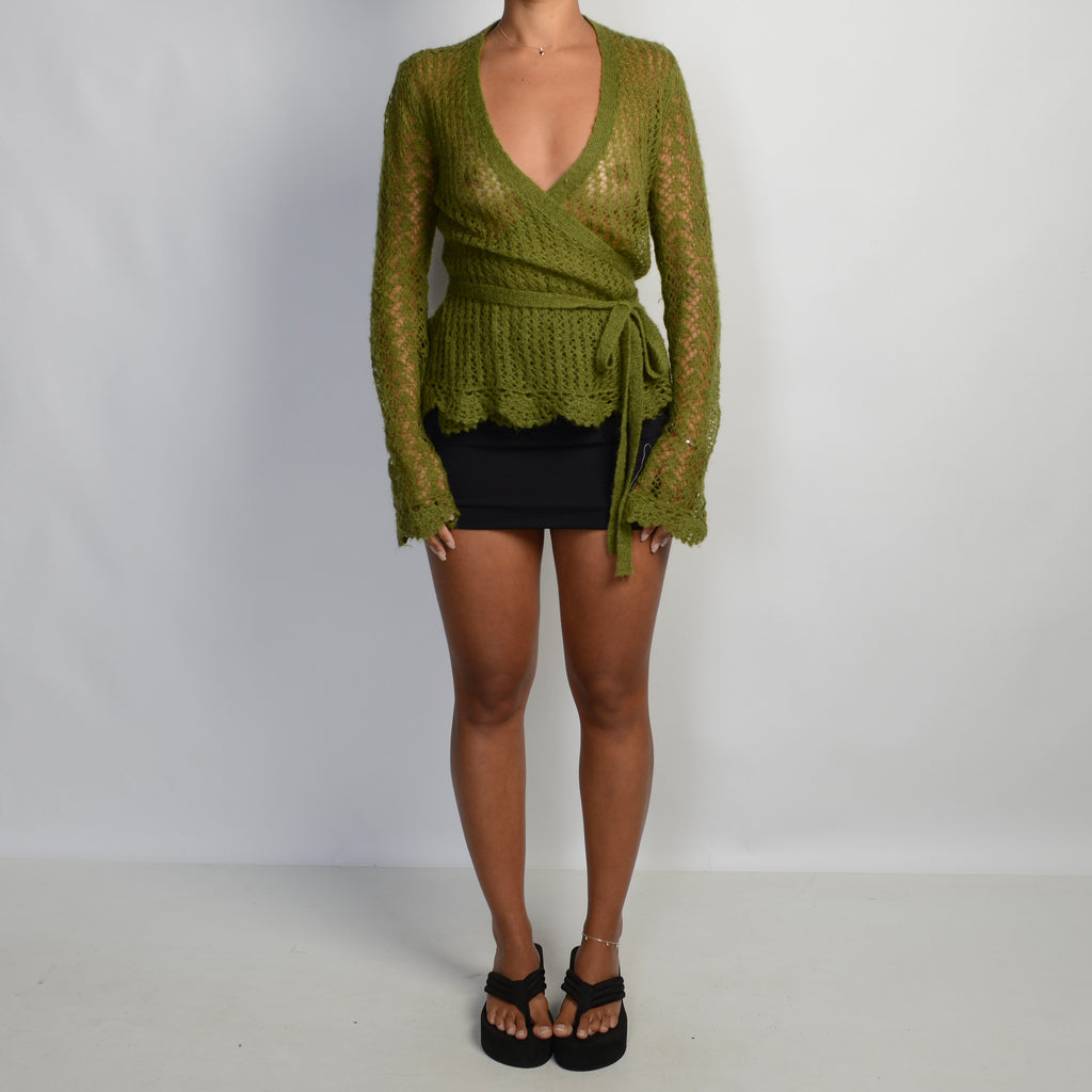 GREEN KNIT WRAP TOP