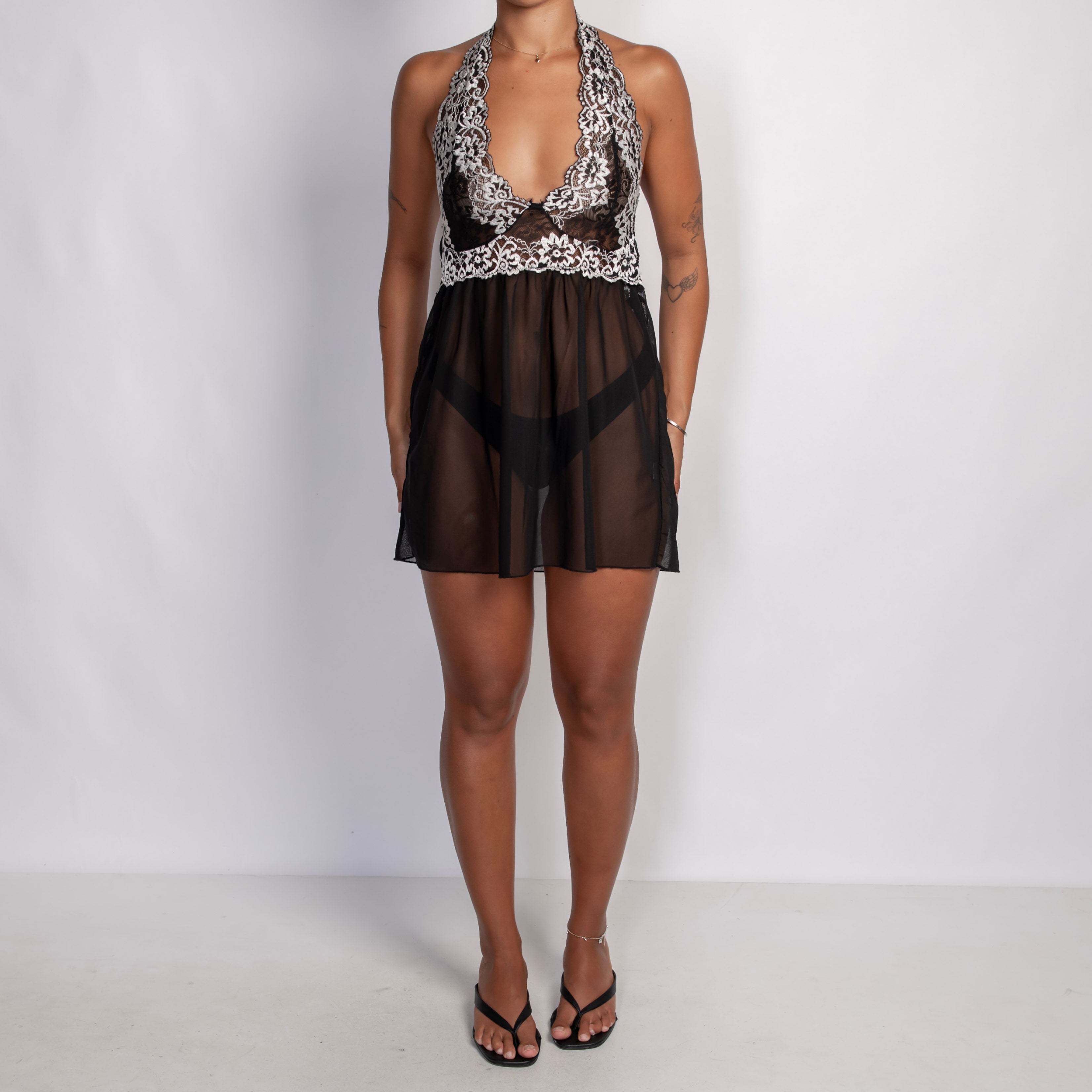 LACE MESH HALTER CHEMISE