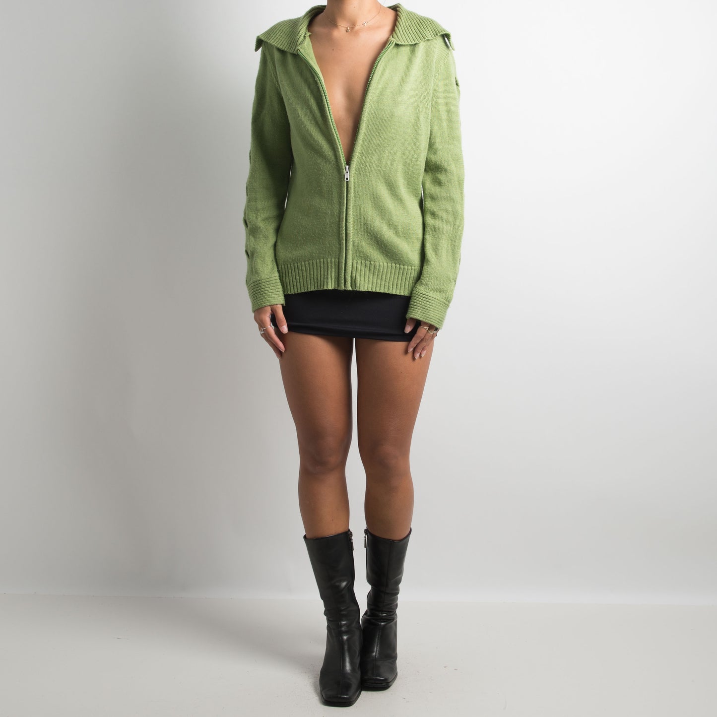 GREEN KNIT ZIP CARDIGAN