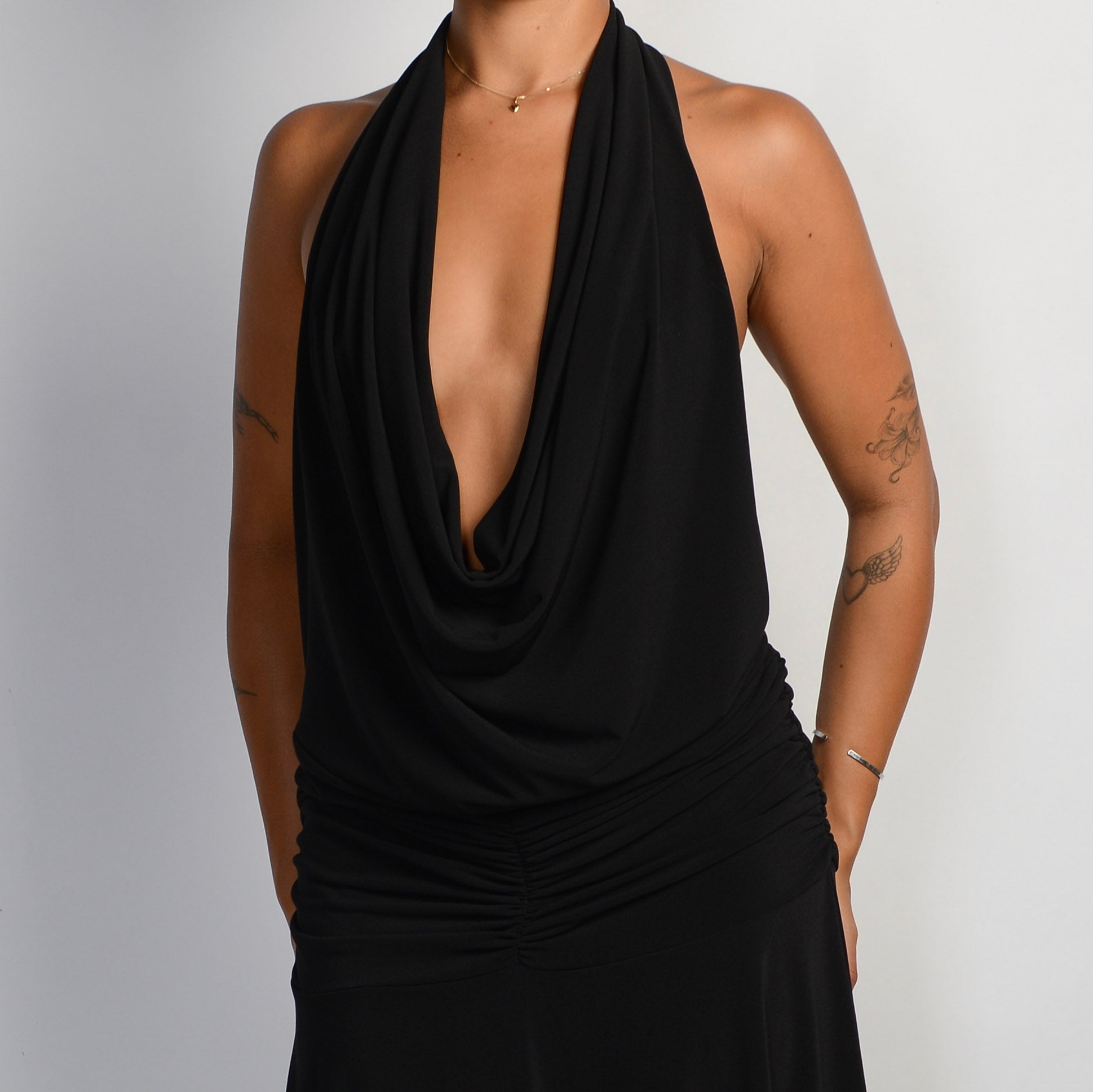 BLACK COWL NECK MIDI DRESS