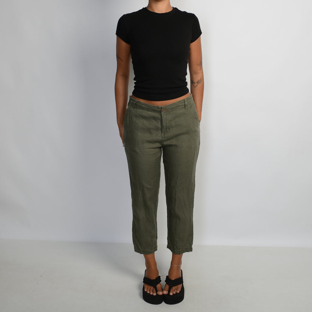 KHAKI LINEN CROP PANTS