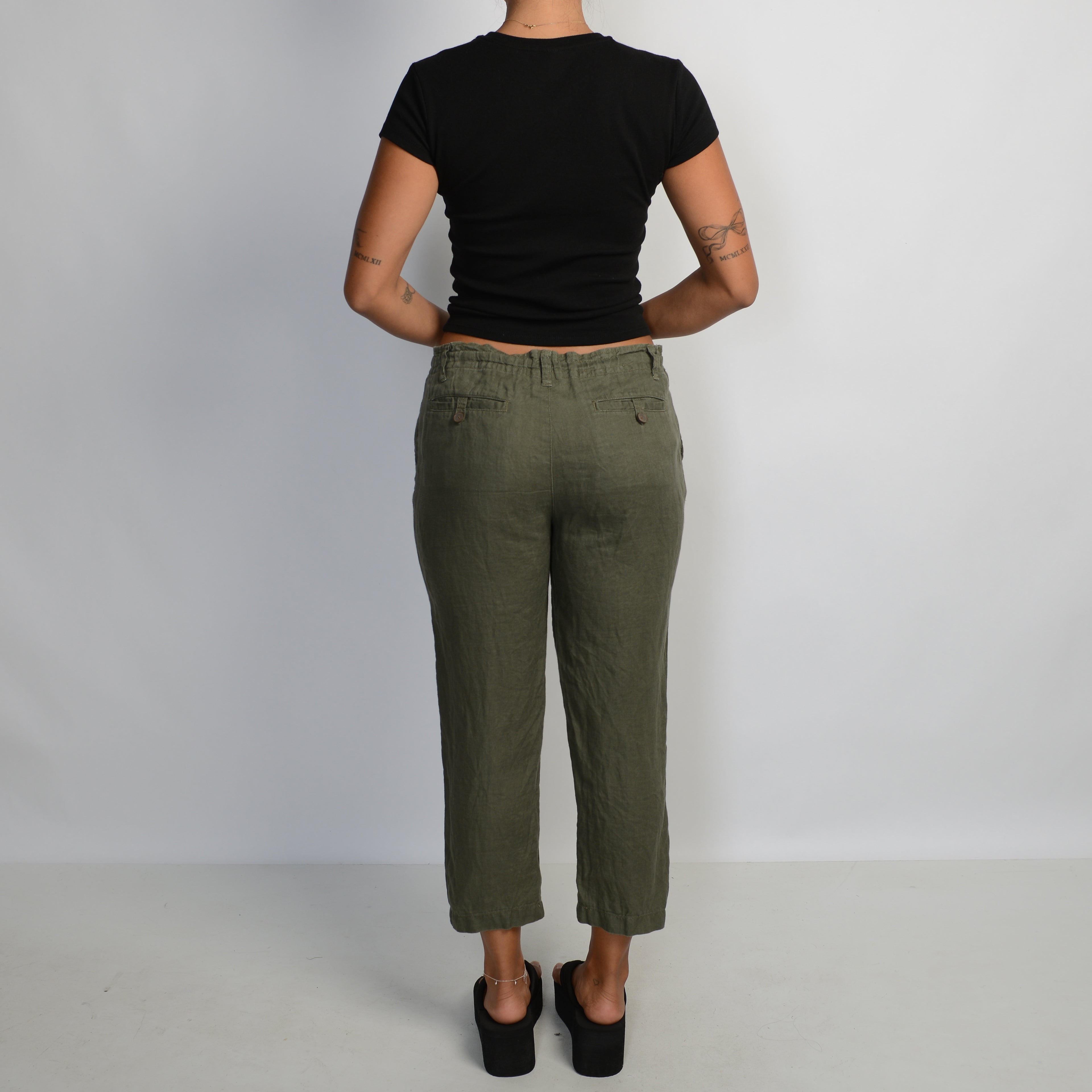 KHAKI LINEN CROP PANTS