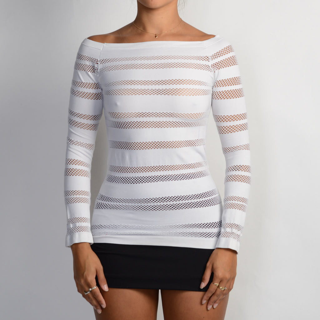 WHITE NET LONG SLEEVE TOP