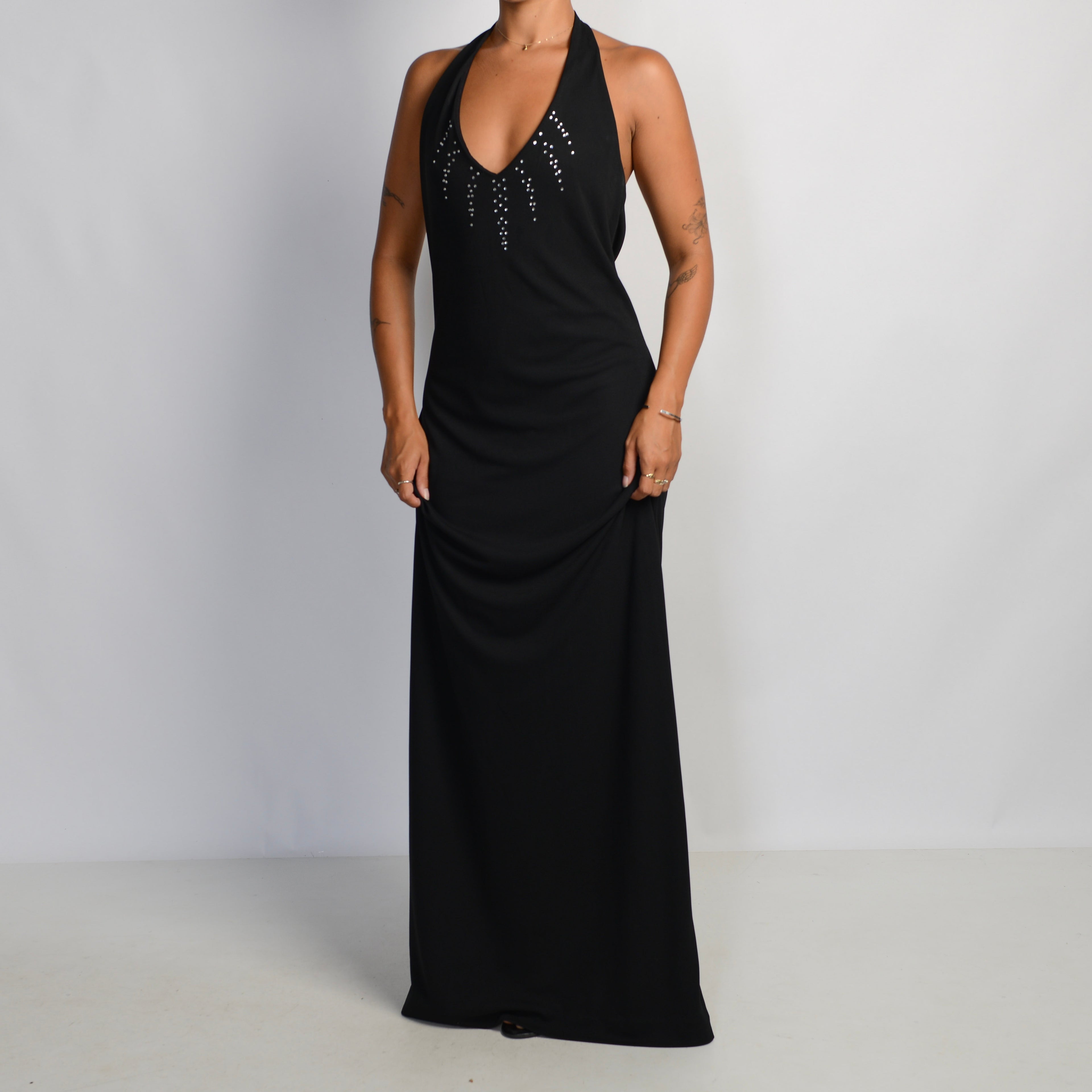 BLACK HALTER DIAMANTE GOWN