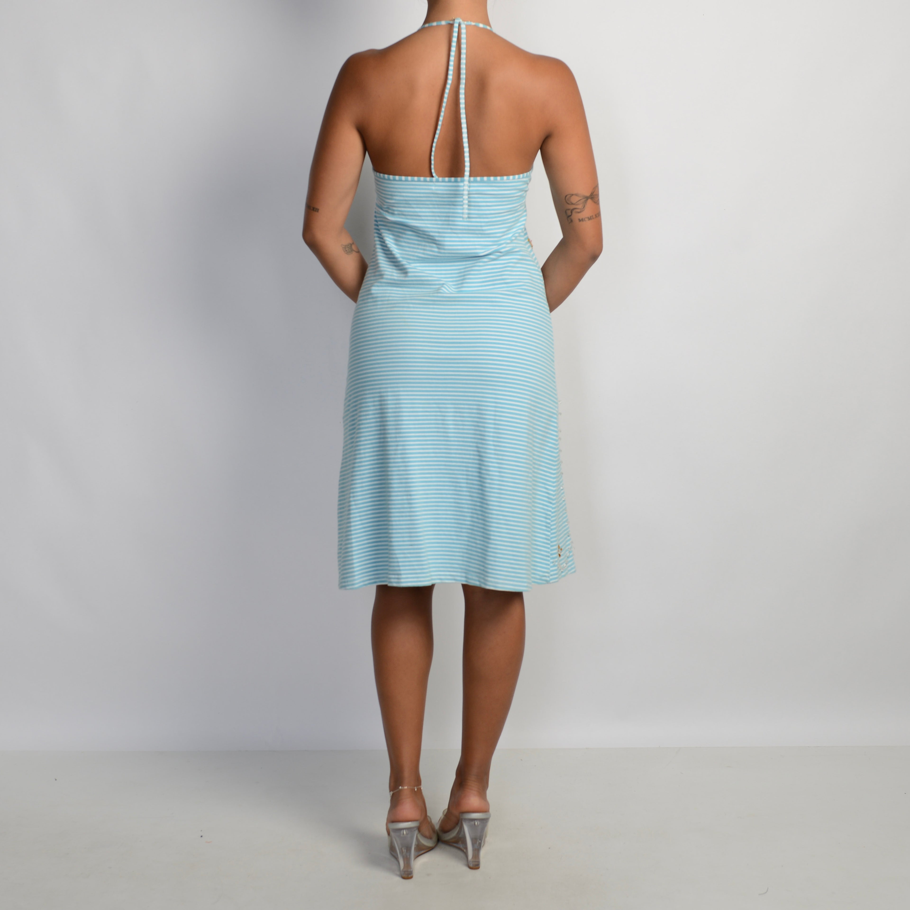 BLUE STRIPE BEADED DRESS