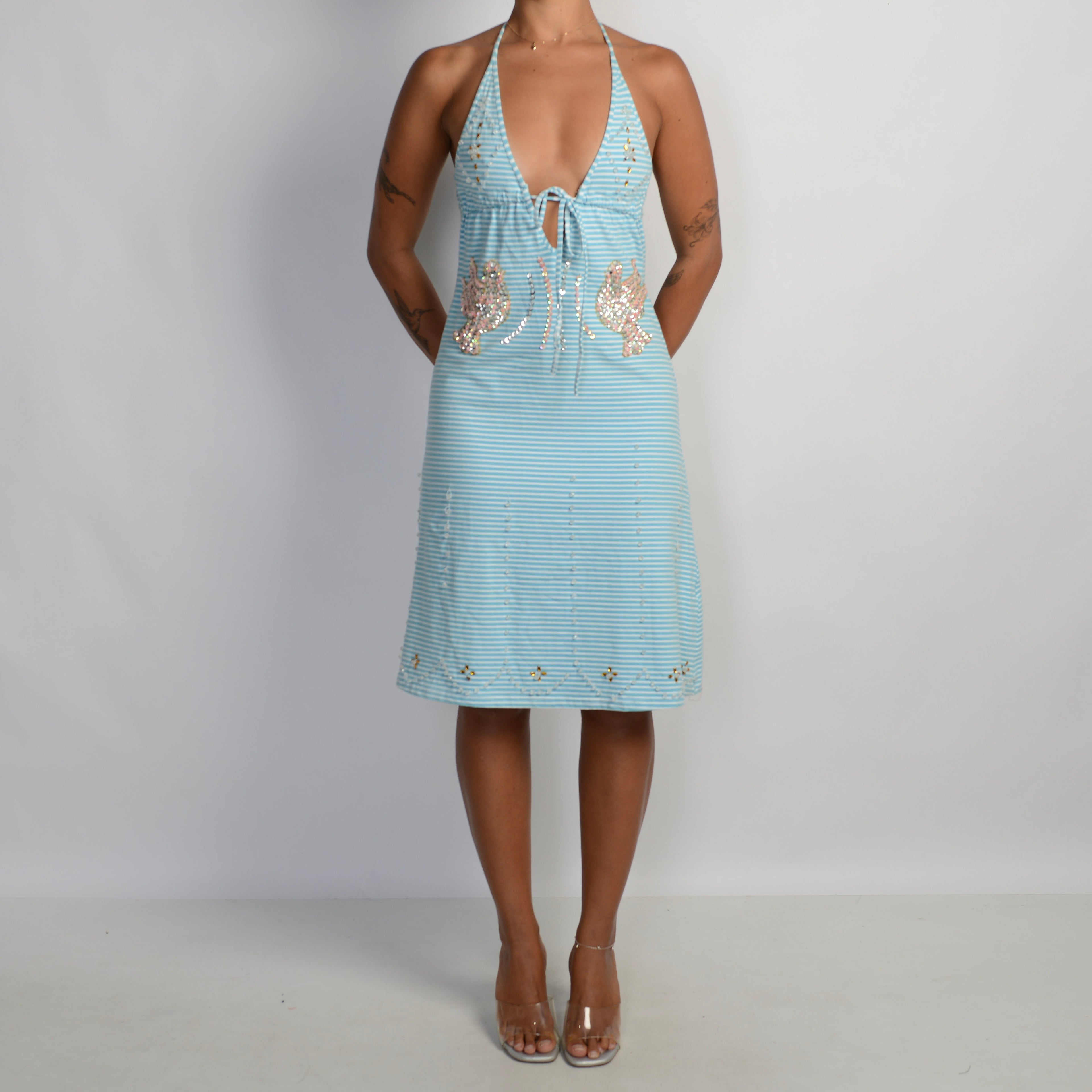 BLUE STRIPE BEADED DRESS