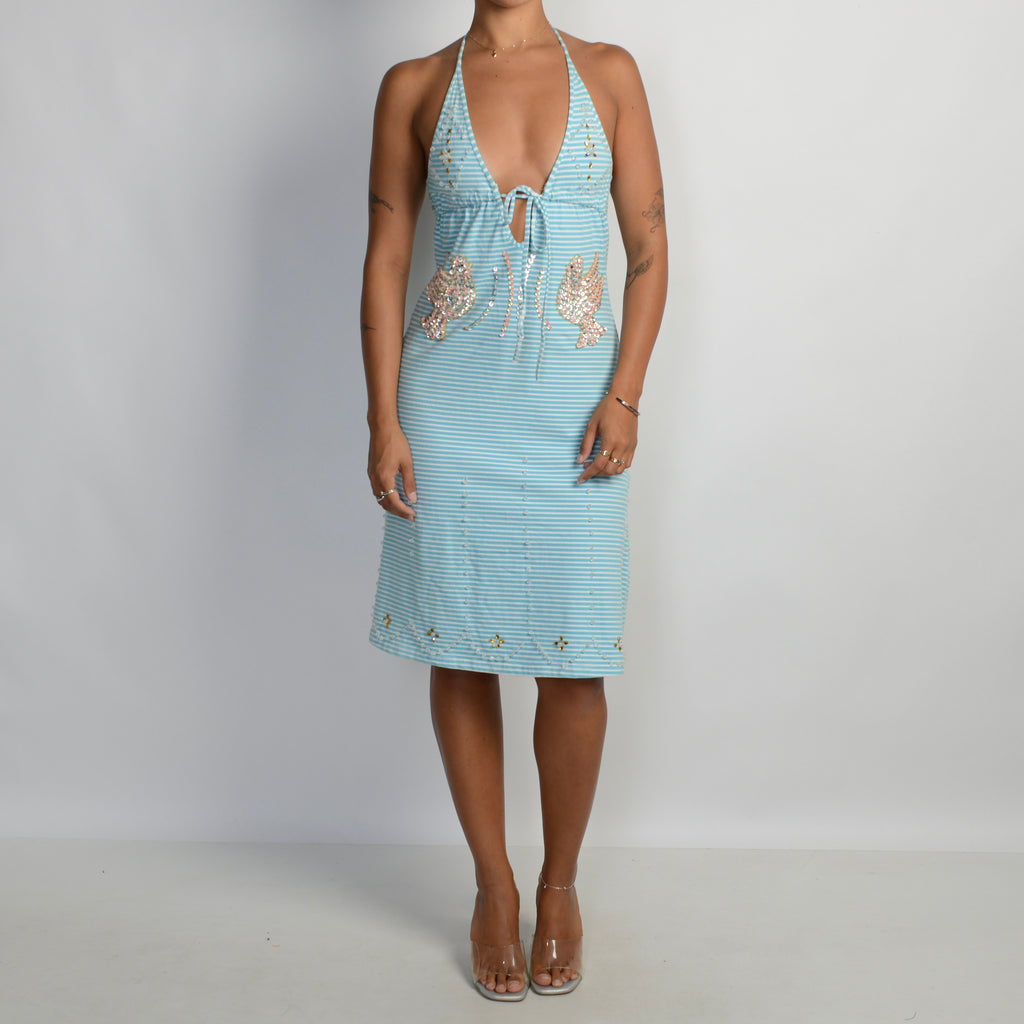 BLUE STRIPE BEADED DRESS