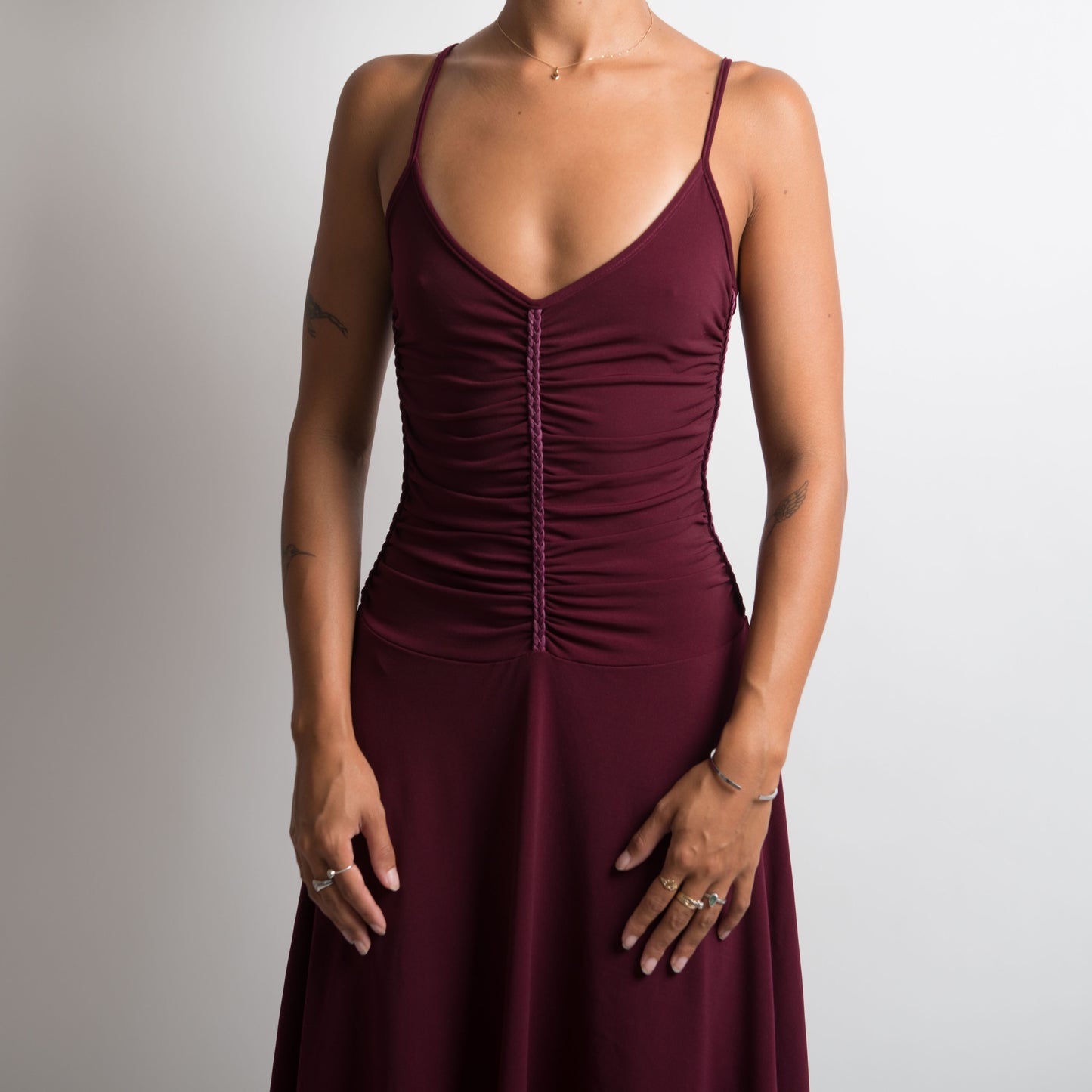 PLUM RUCHED MIDI DRESS