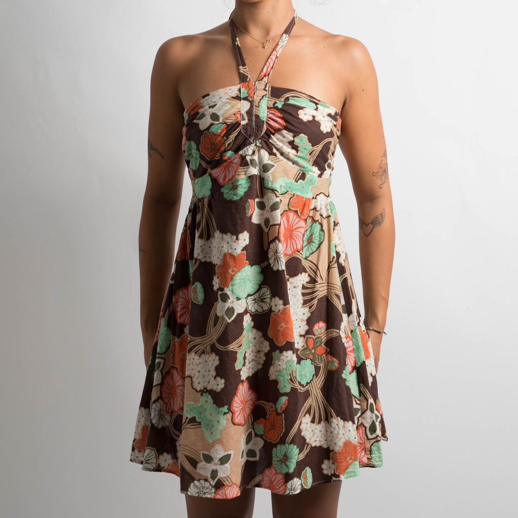 BROWN PATTERNED MINI DRESS