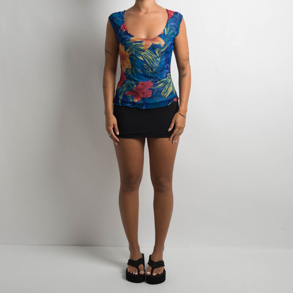 BLUE FLORAL MESH TOP