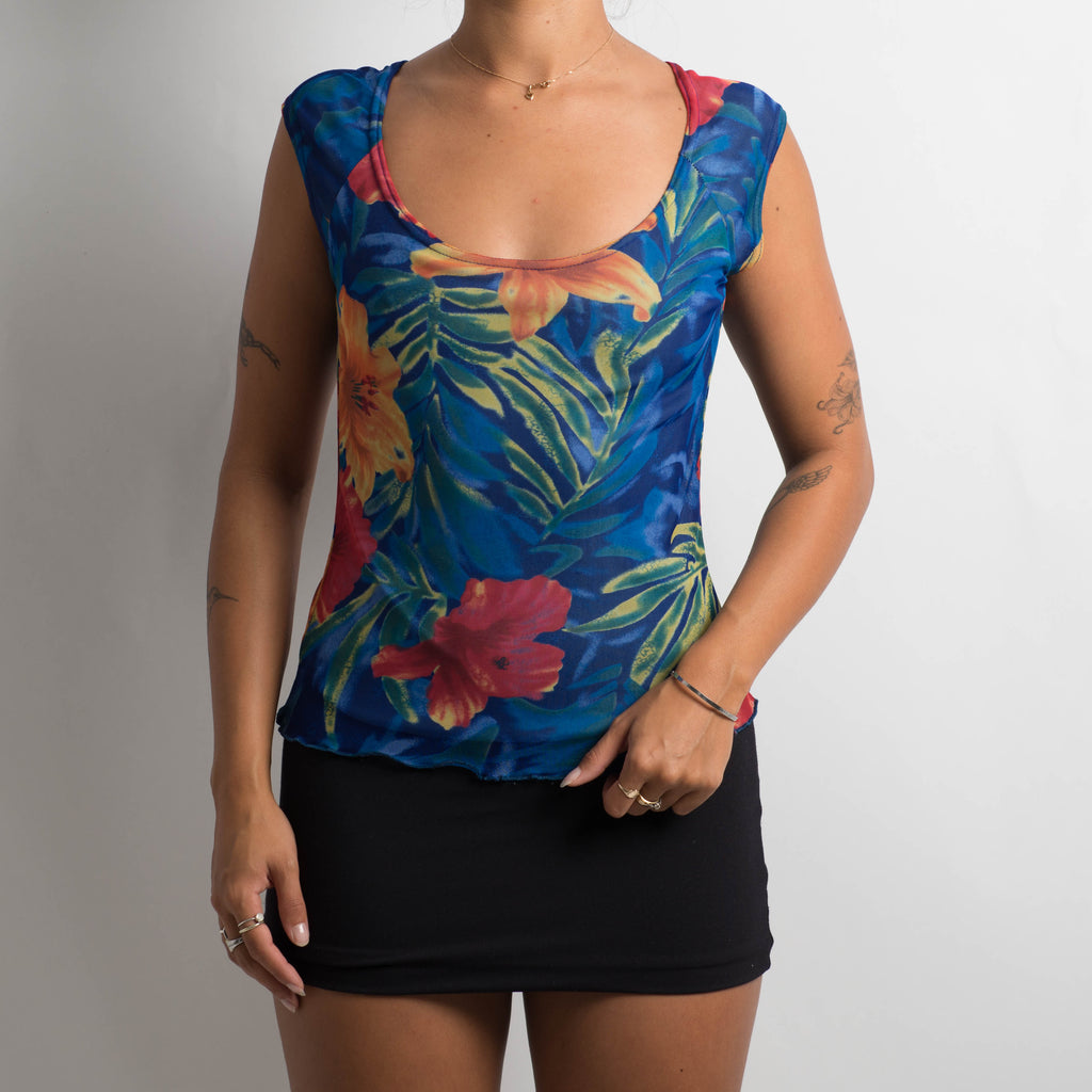 BLUE FLORAL MESH TOP