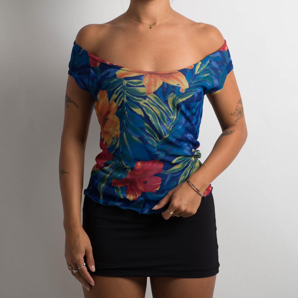 BLUE FLORAL MESH TOP