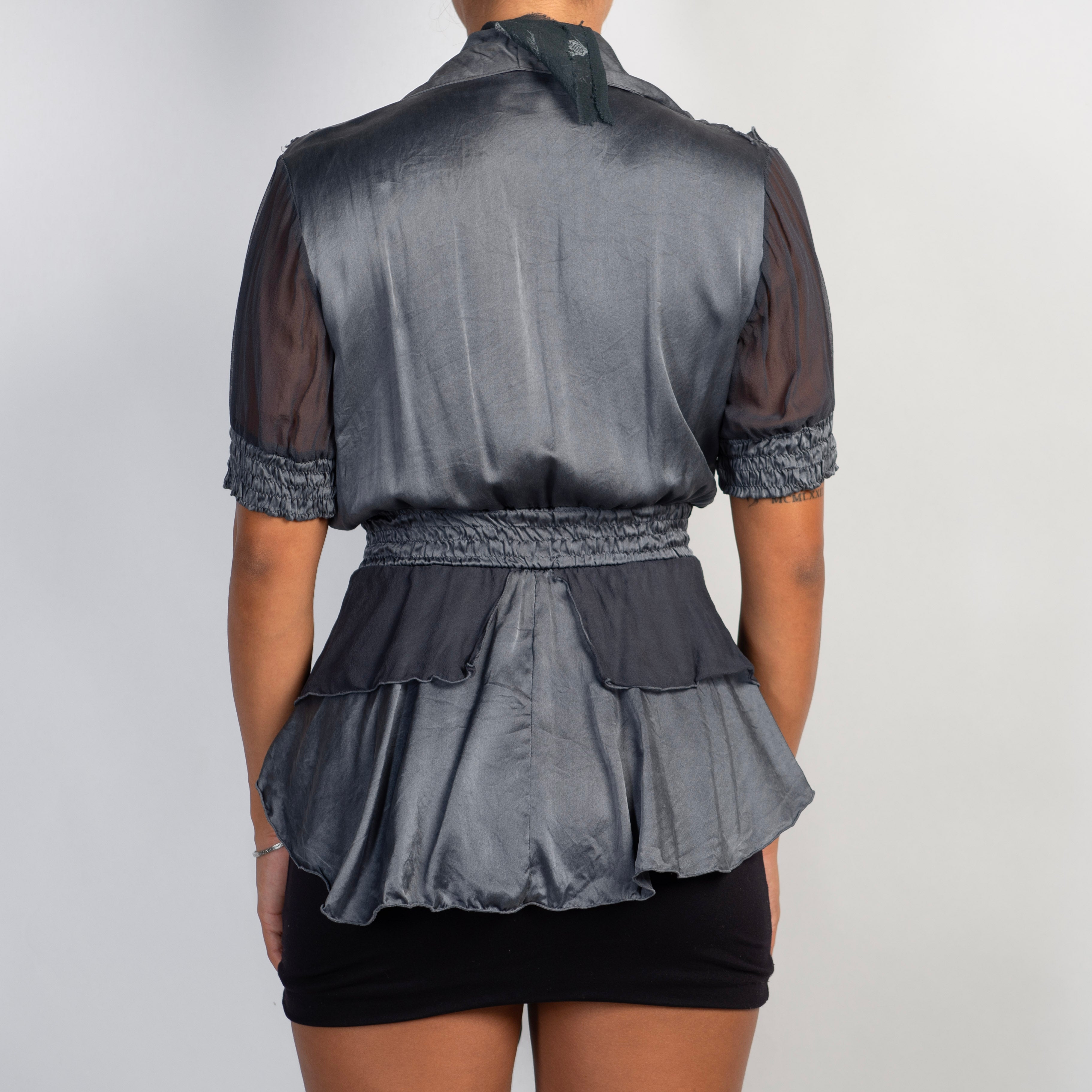SLATE SILK TIE BLOUSE