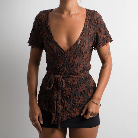 BROWN LACE WRAP TOP