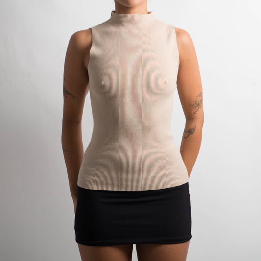 BEIGE RIBBED SLEEVELESS TOP