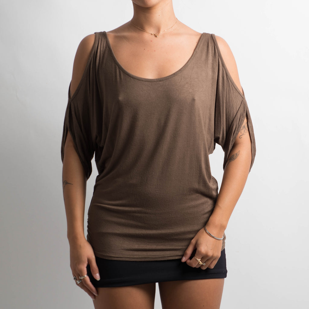BROWN COLD SHOULDER TOP