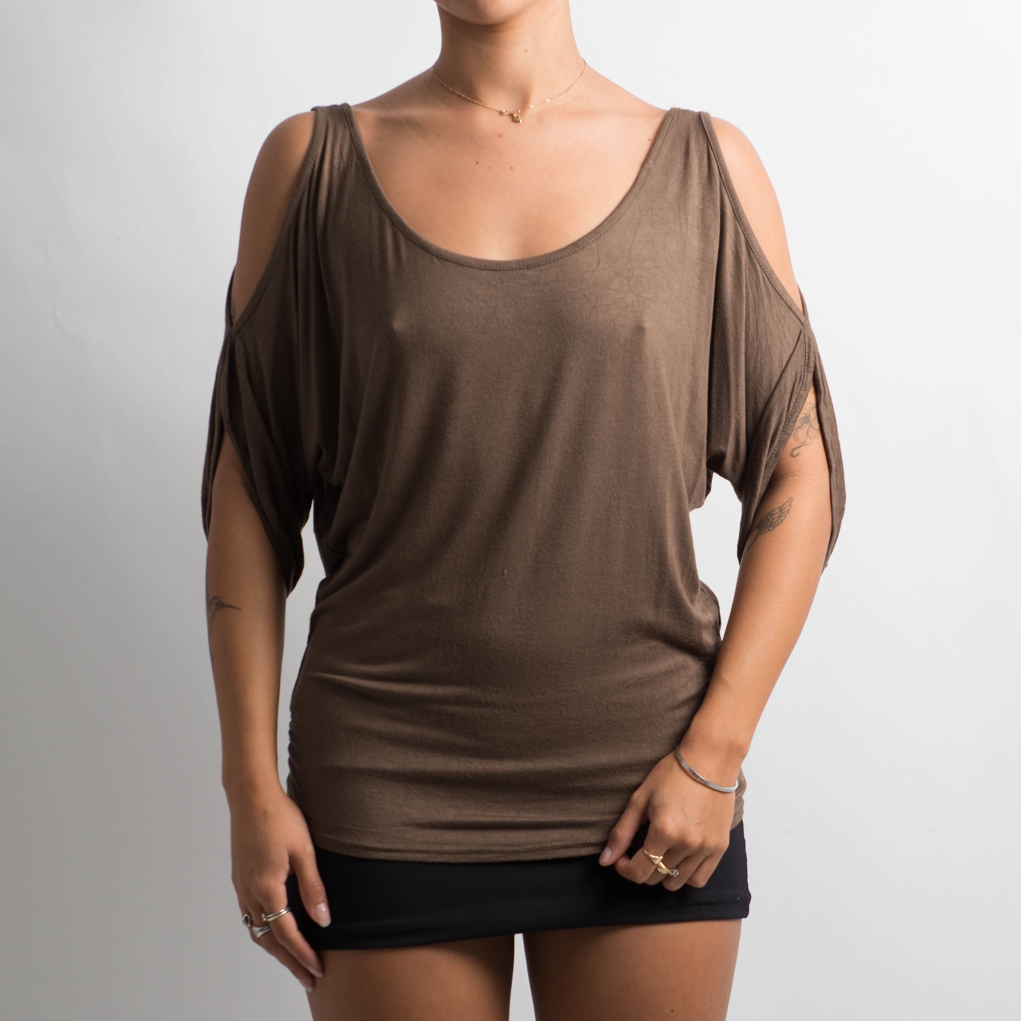 BROWN COLD SHOULDER TOP