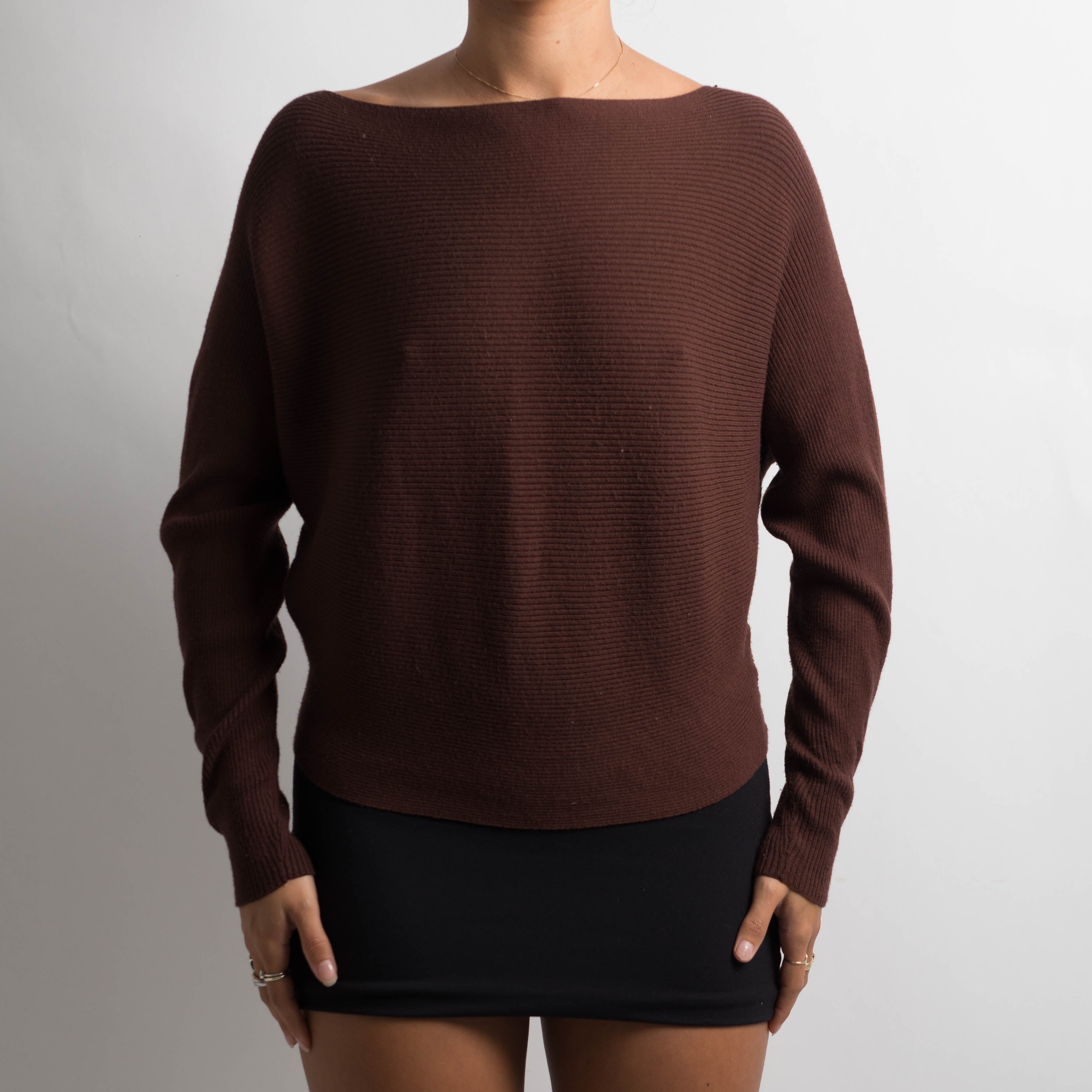 BROWN BATWING KNIT TOP