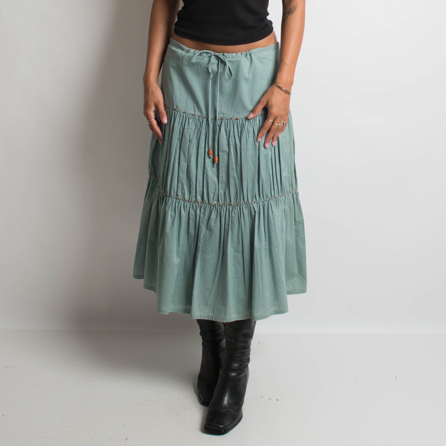 TEAL TIERED MIDI SKIRT