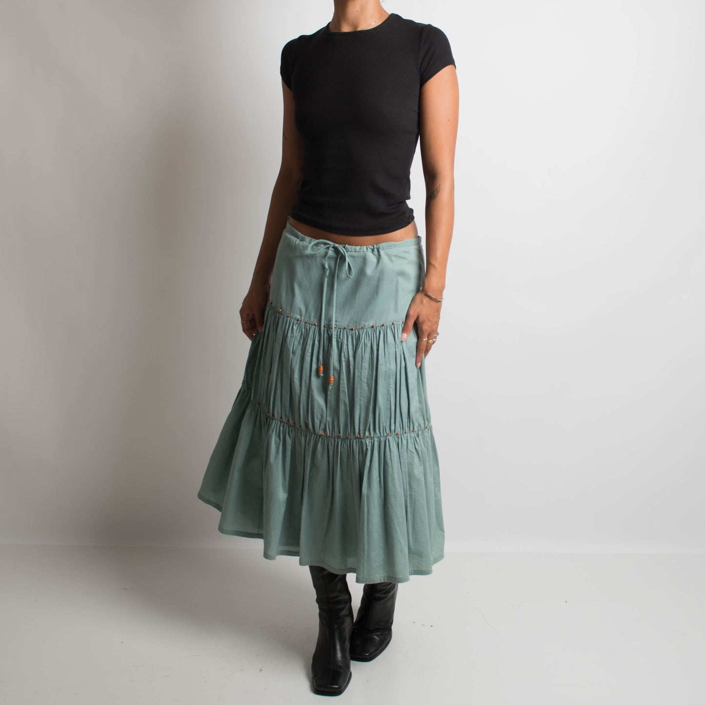 TEAL TIERED MIDI SKIRT