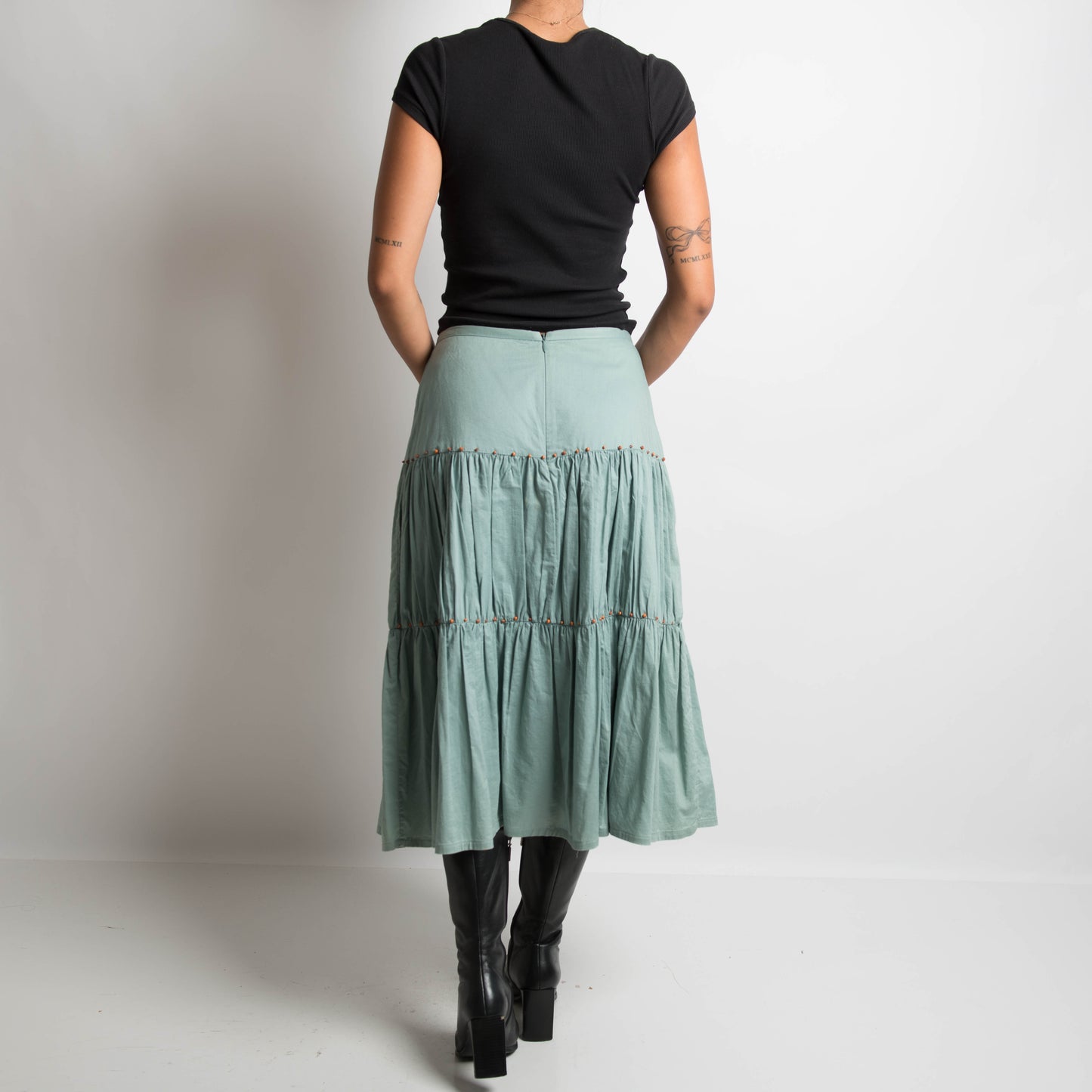 TEAL TIERED MIDI SKIRT