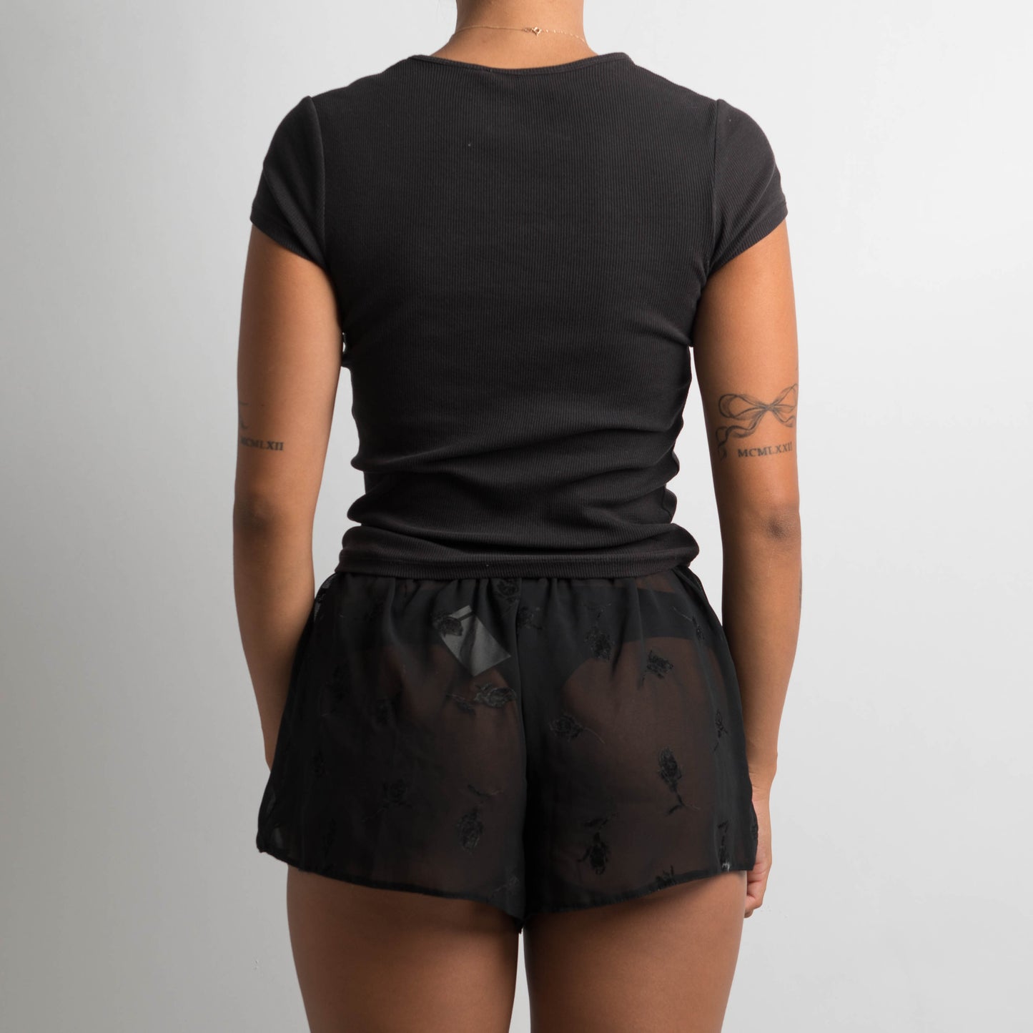 BLACK SHEER FLORAL SHORTS