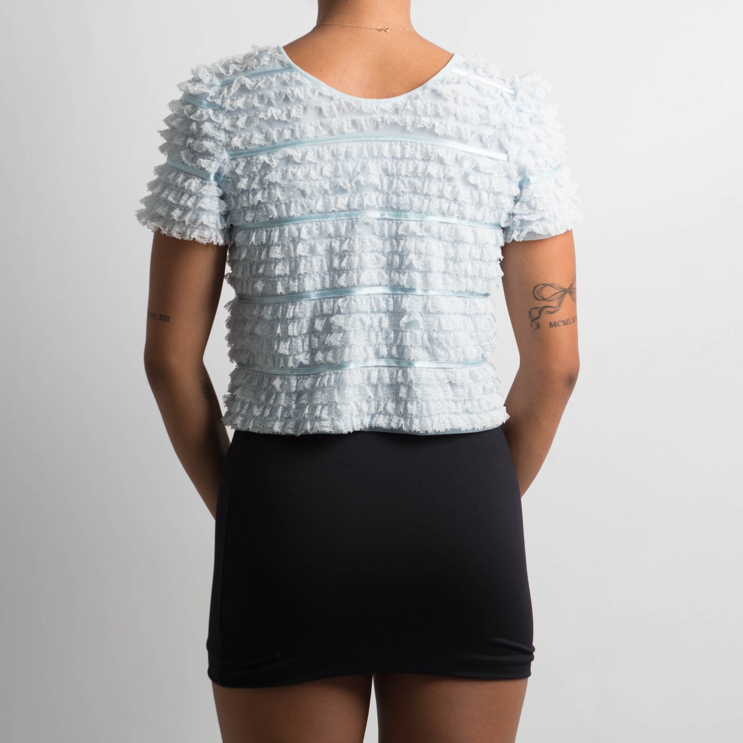 BLUE TEXTURED TIE FRONT TOP