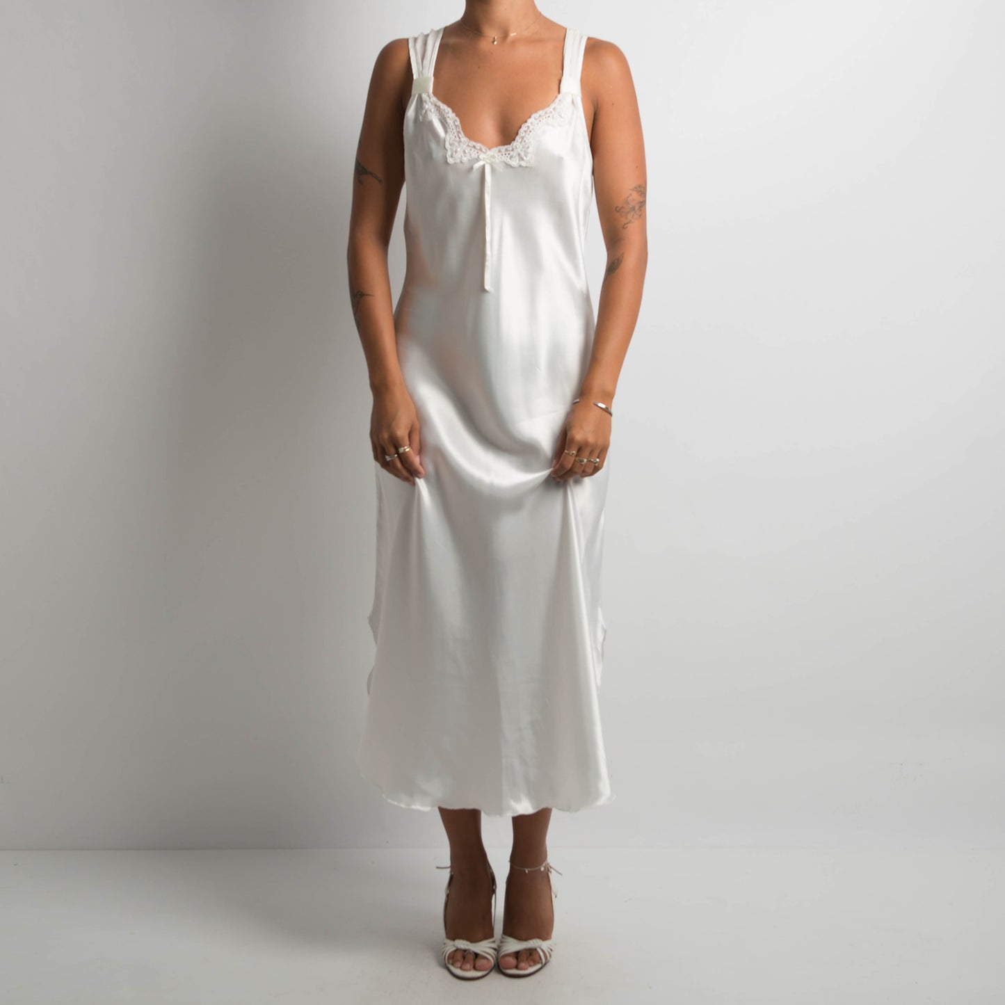 WHITE SATIN MIDI DRESS