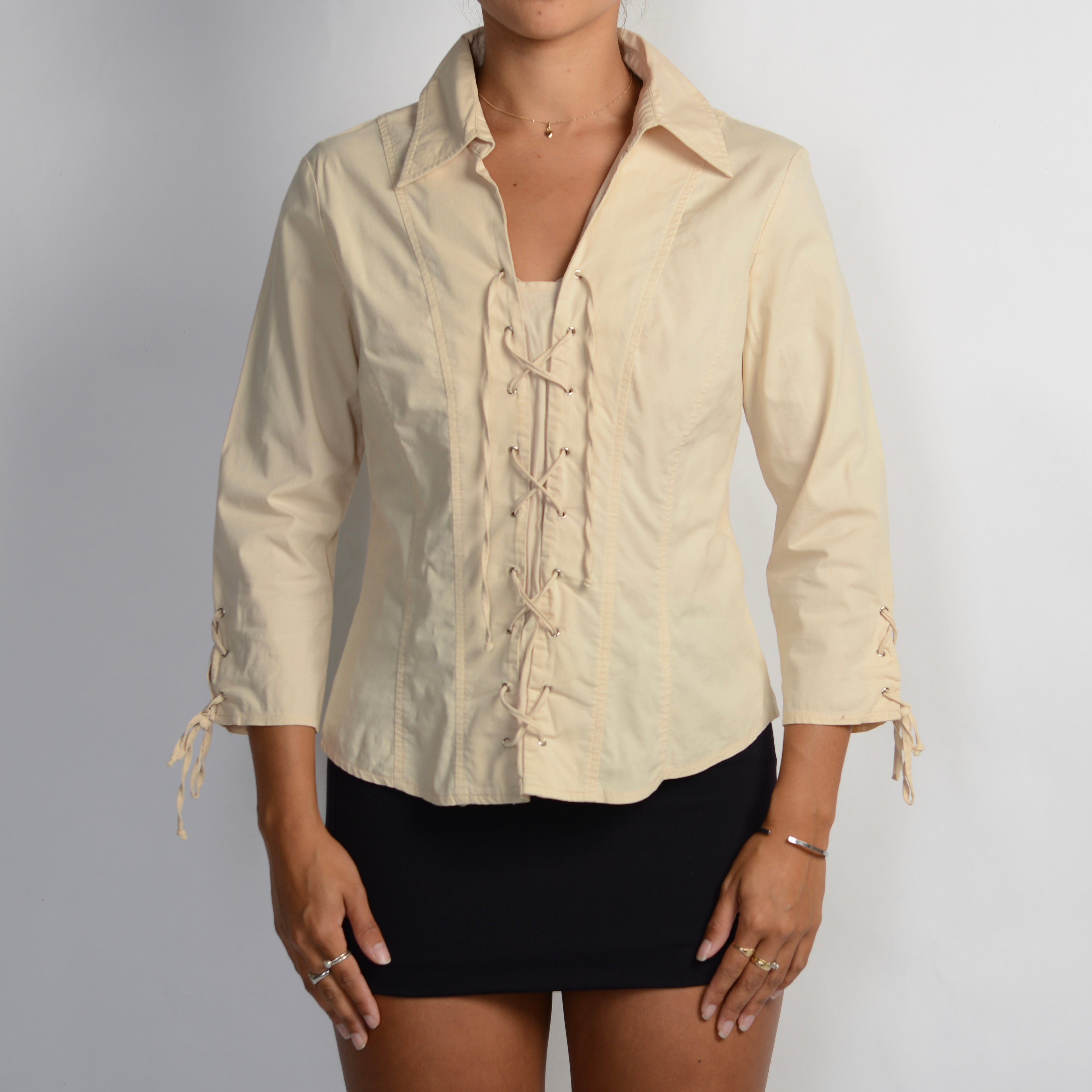 BEIGE LACE UP BLOUSE