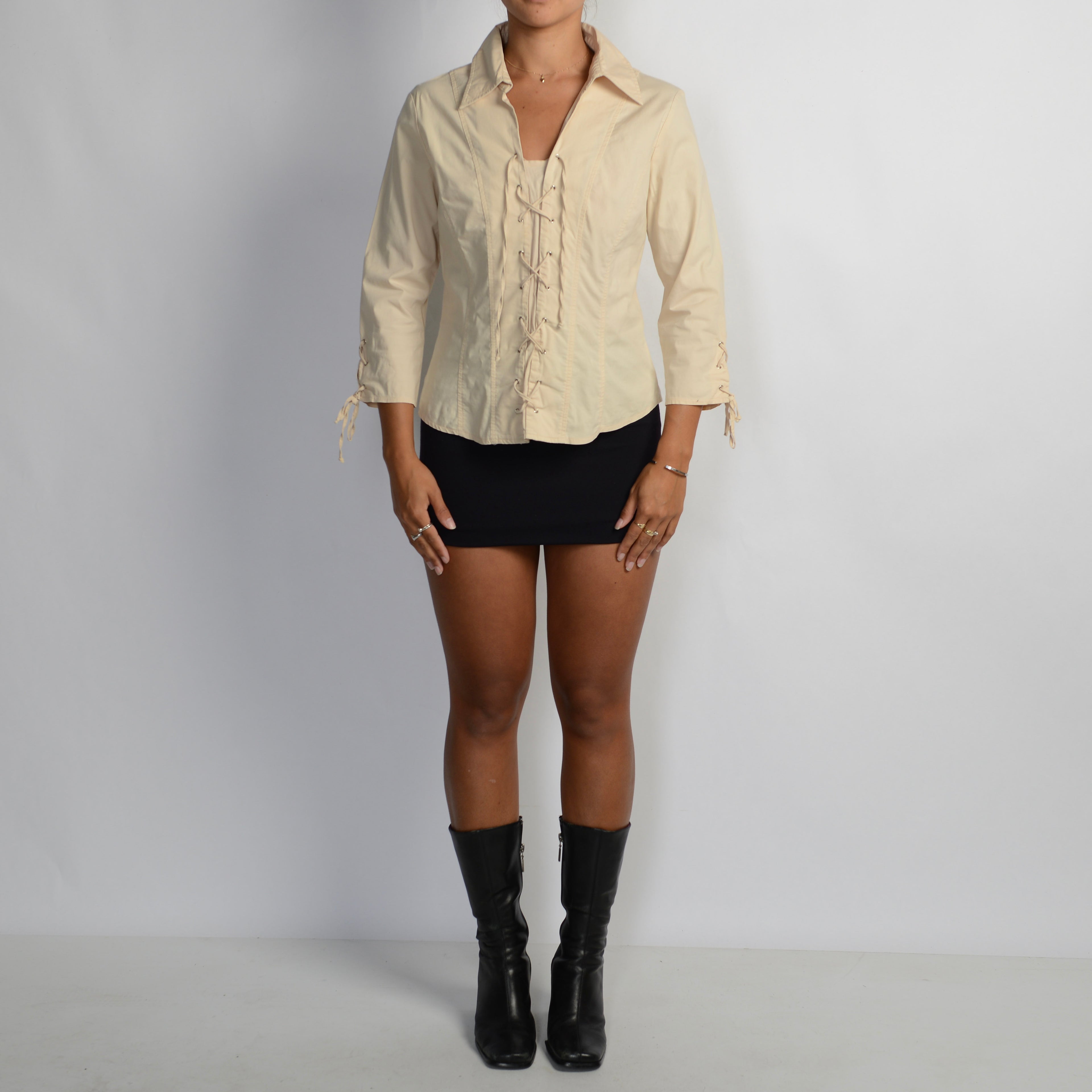 BEIGE LACE UP BLOUSE