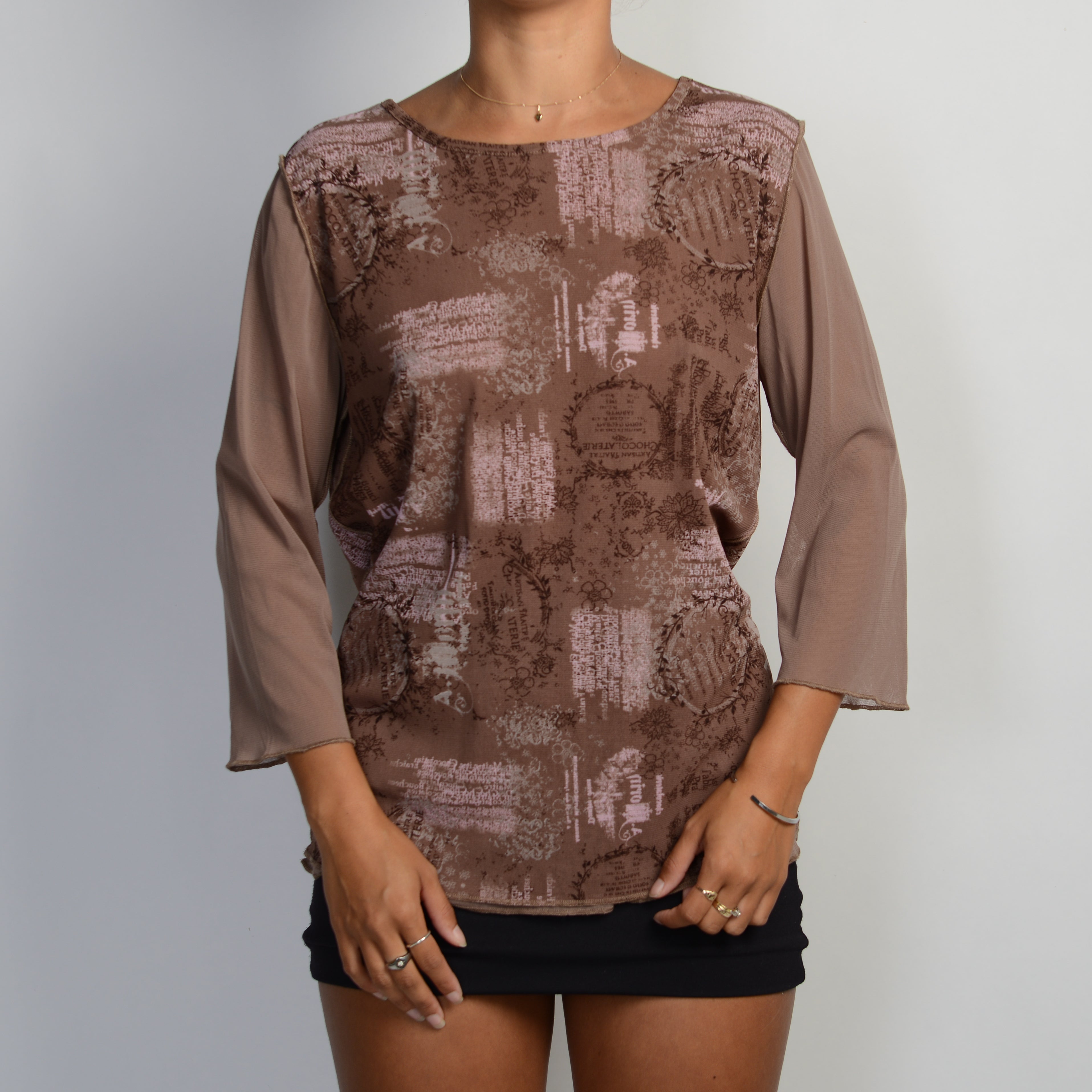 BROWN MESH 3/4 SLEEVE TOP