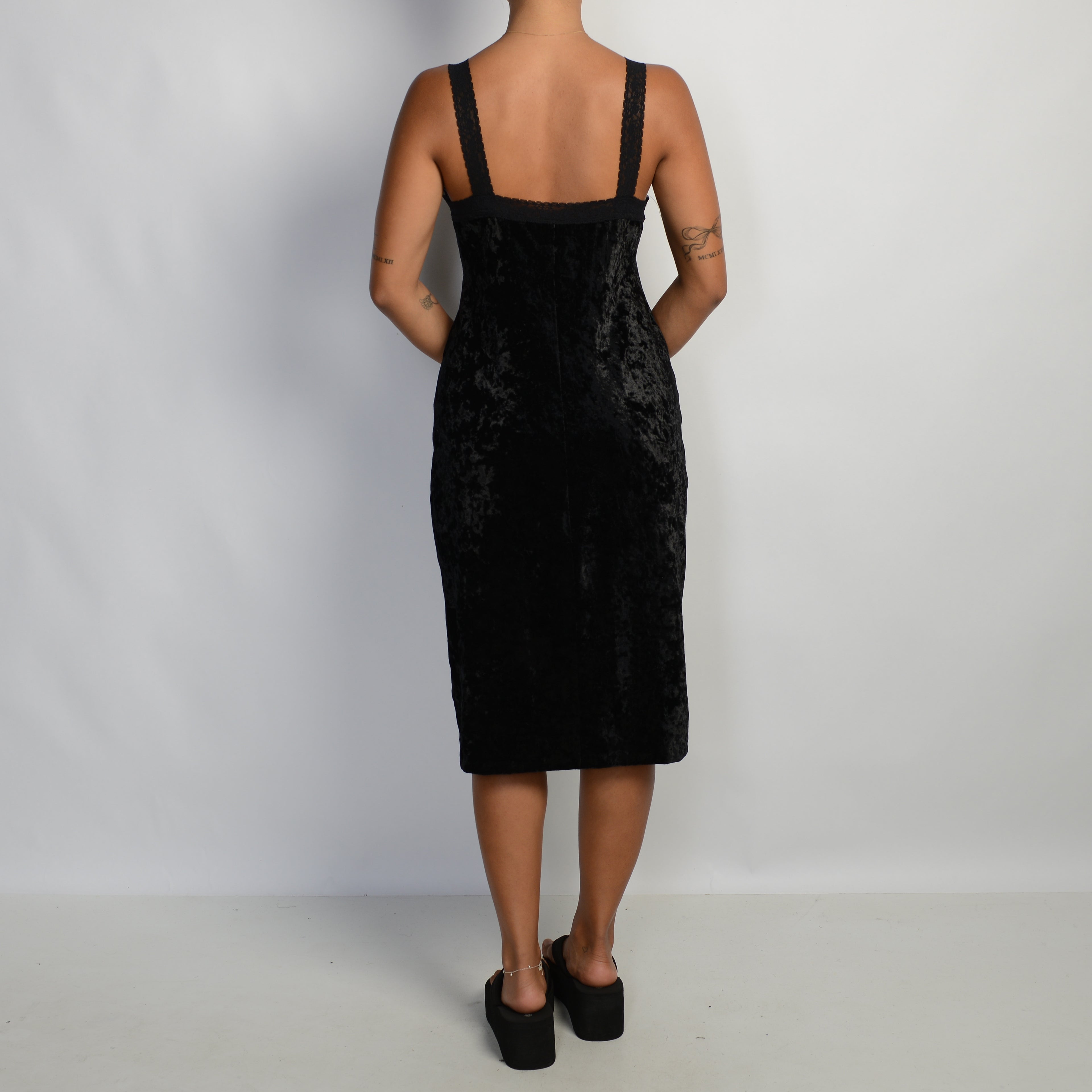 BLACK VELVETEEN MIDI DRESS