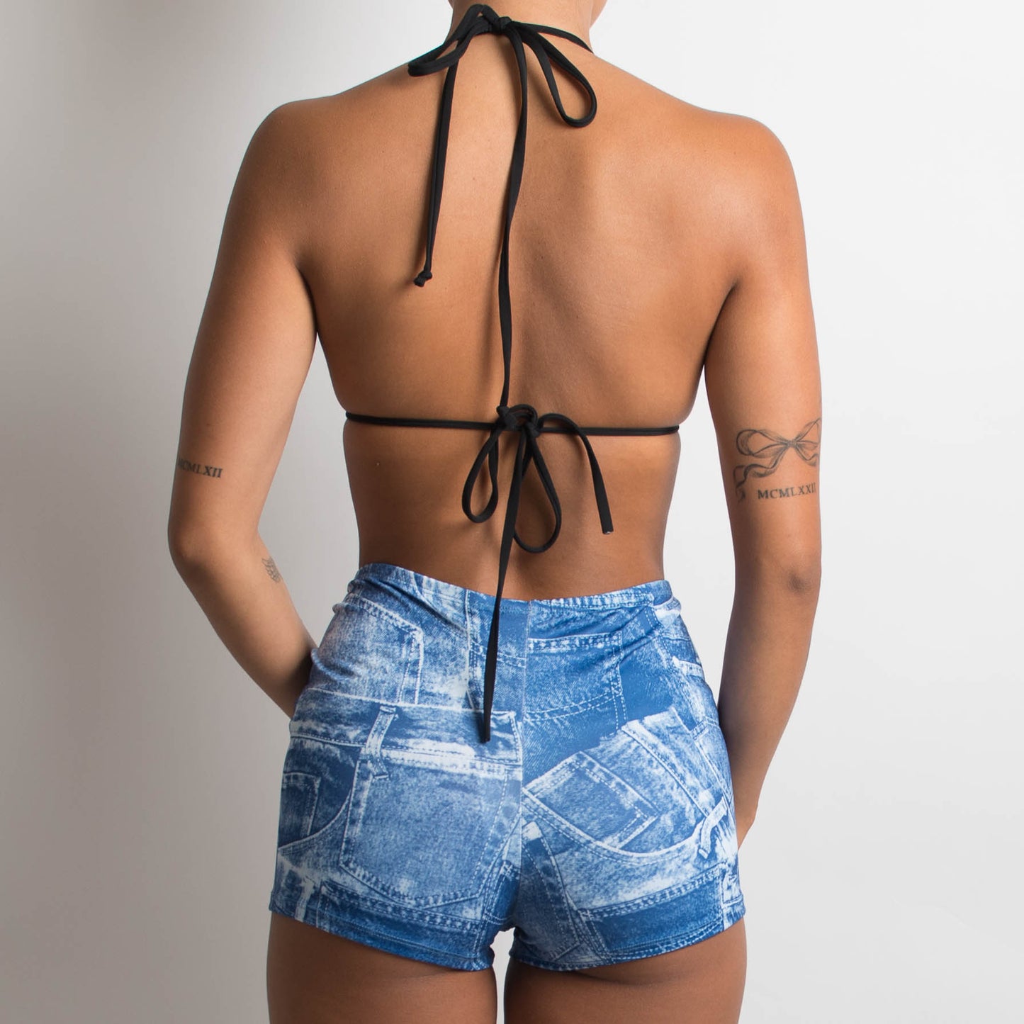 DENIM PRINTED MINI SHORTS