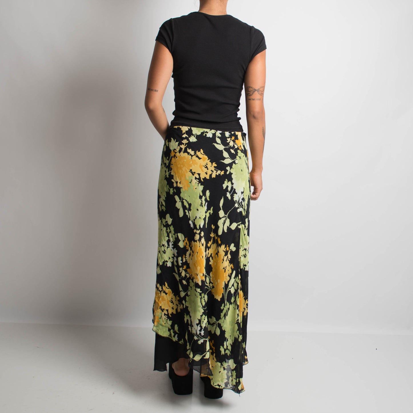 YELLOW FLORAL LONGLINE SKIRT