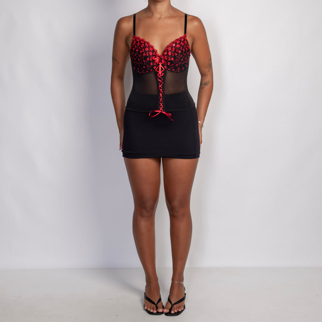 RED EMBROIDERED BUSTIER